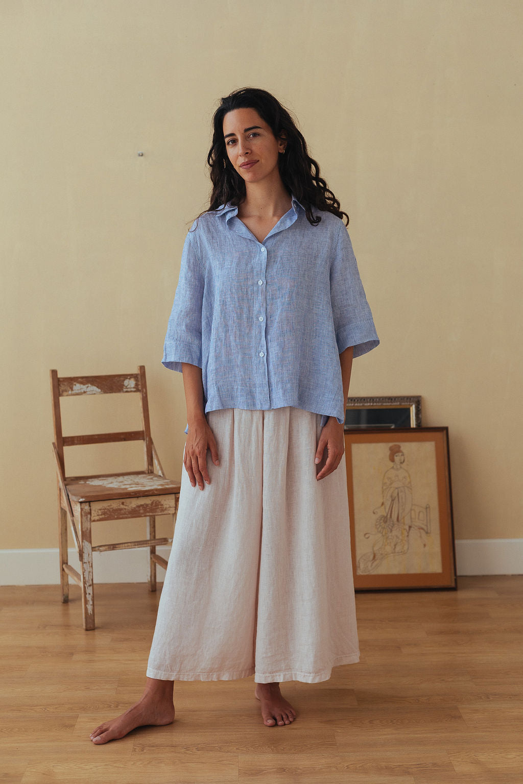 Montaigne Dion Fine Blue Stripe Linen Blouse