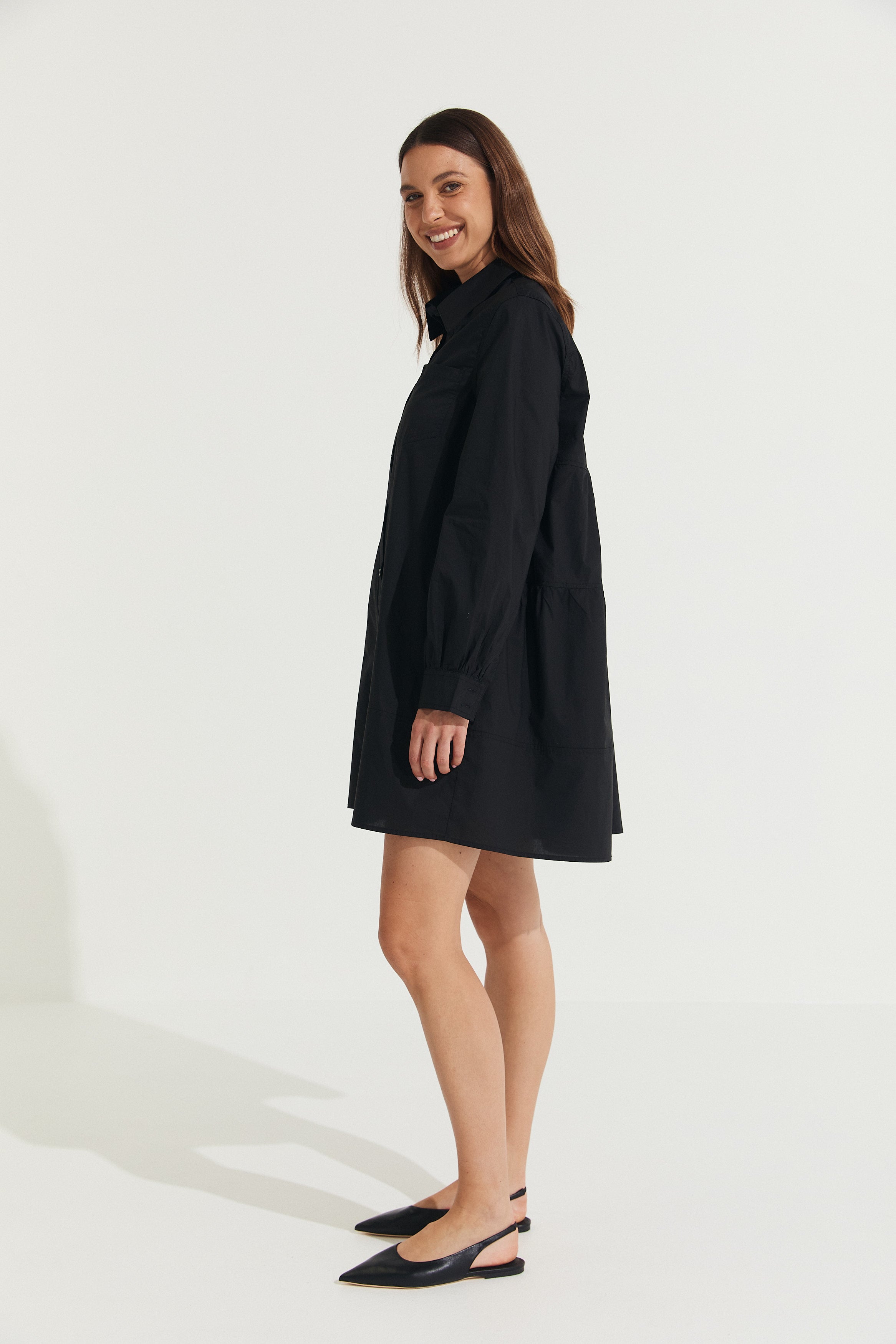 Montaigne Elodie Tiered Shirt Dress Black1