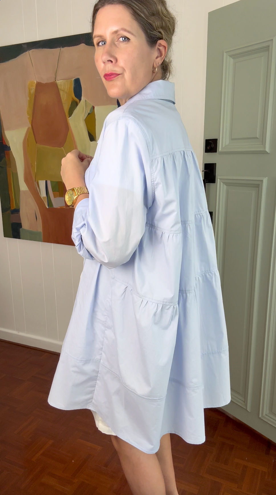 Montaigne Elodie Tiered Shirt Dress Light Blue2