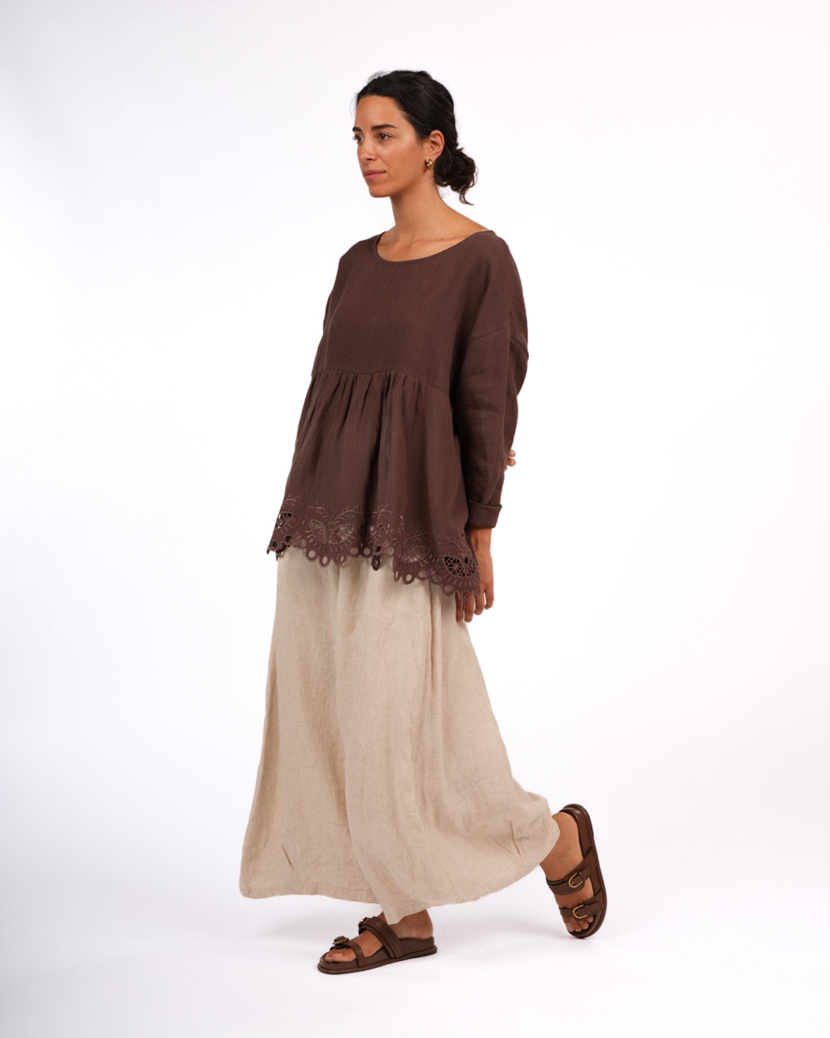 Montaigne Embroidered French Linen Blouse Brown