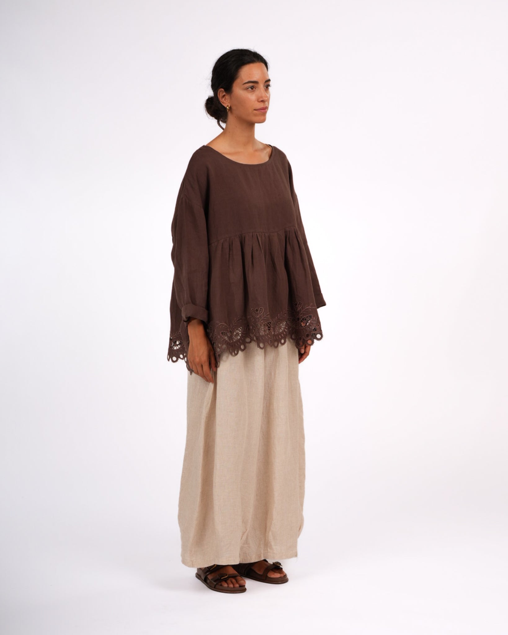 Montaigne Embroidered French Linen Blouse Brown1