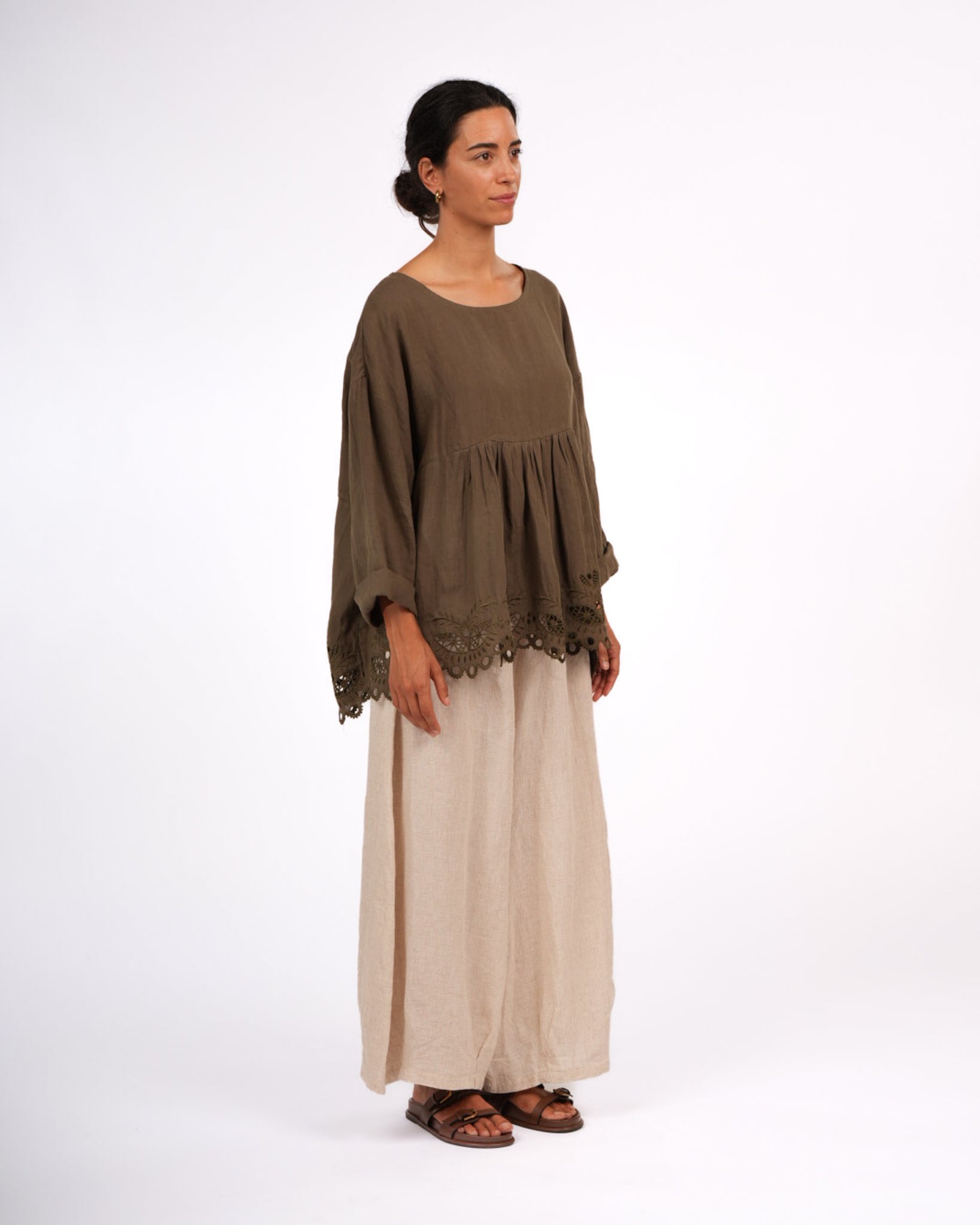 Montaigne Embroidered French Linen Blouse Khaki2