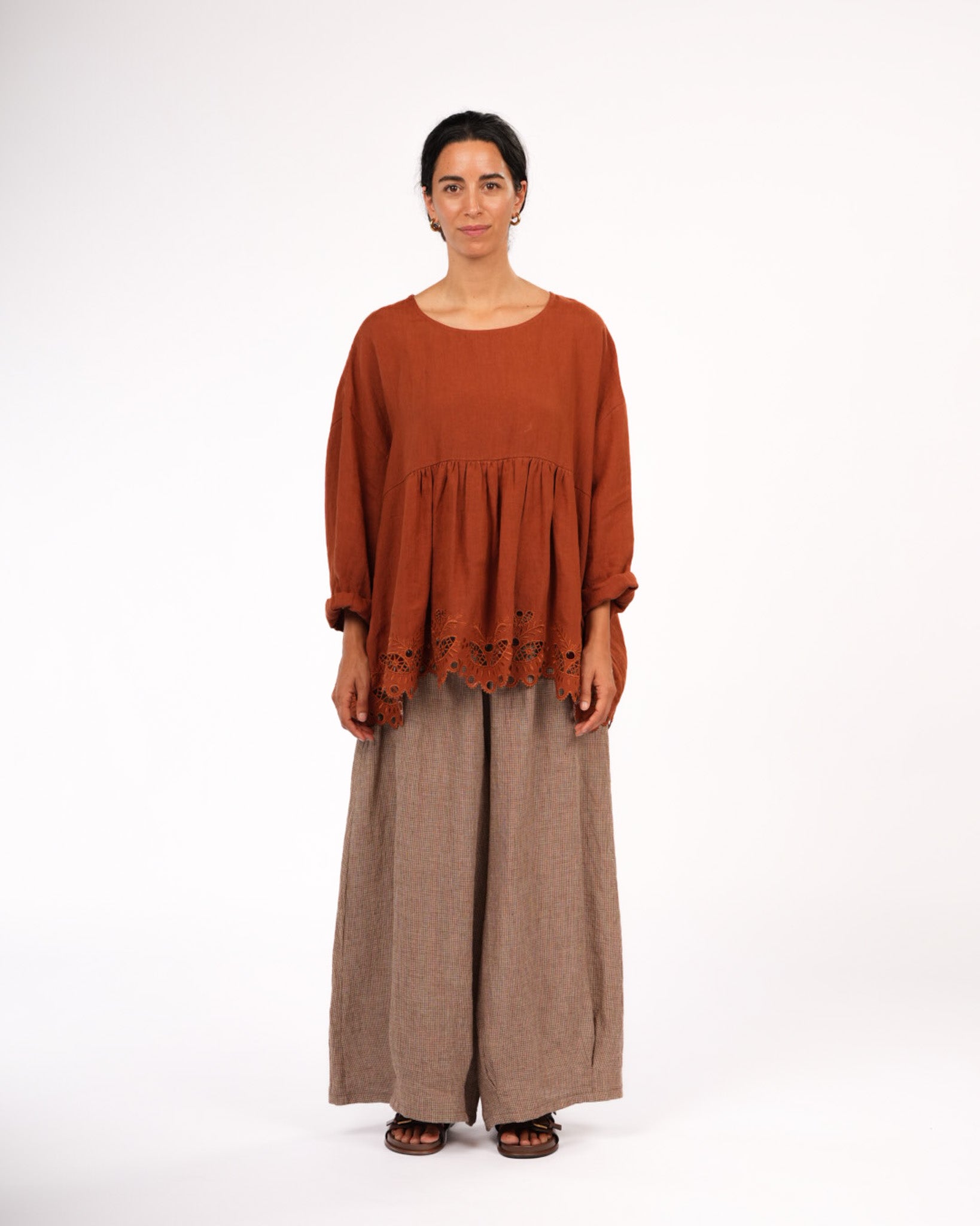 Montaigne Embroidered French Linen Blouse Rust