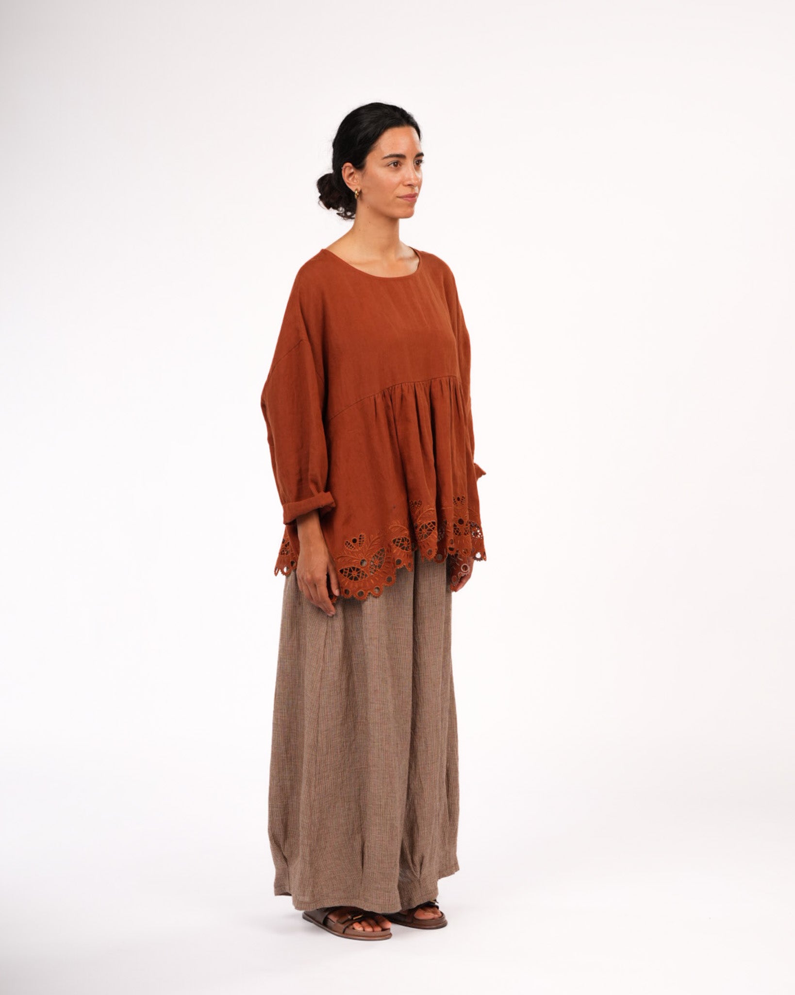 Montaigne Embroidered French Linen Blouse Rust3