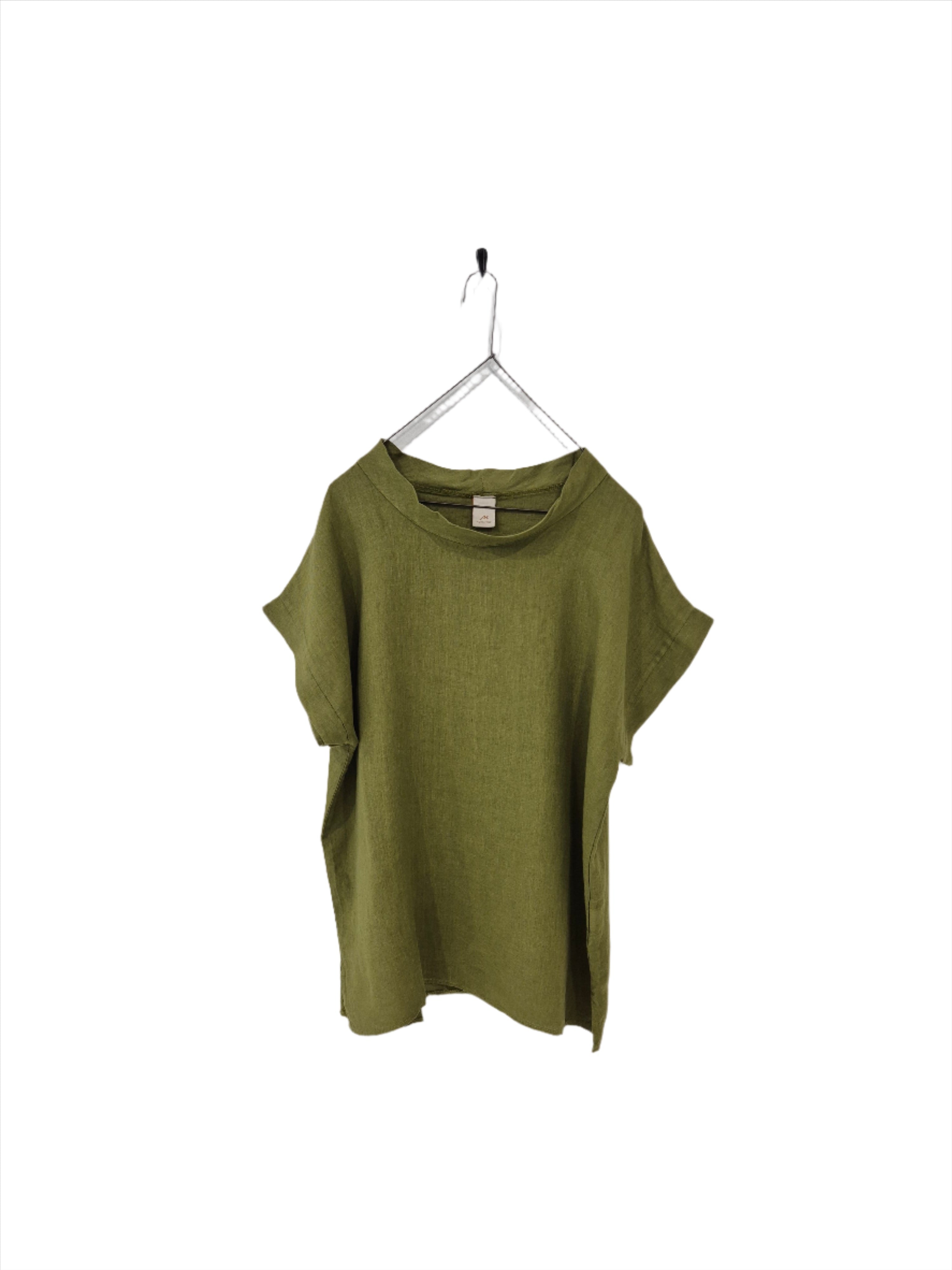 Montaigne European Linen Short Sleeve Top with Semi Cowl Neck Acid Green