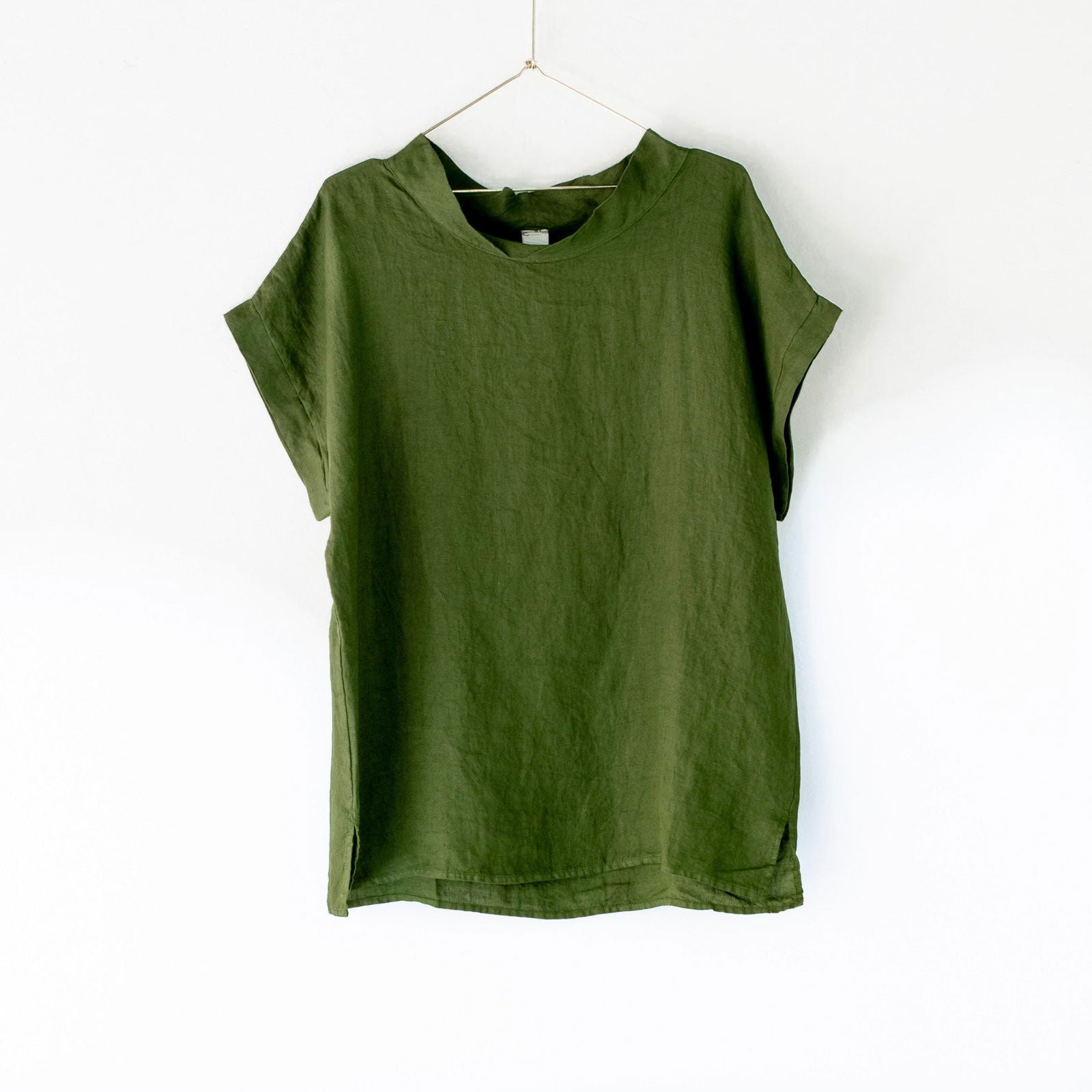 Montaigne European Linen Short Sleeve Top with Semi Cowl Neck Forest Green