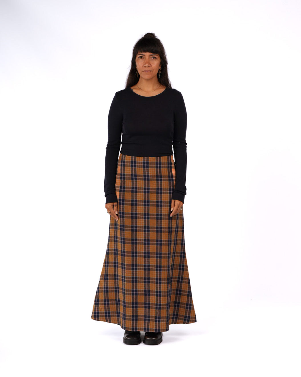 Montaigne Francie French Linen Maxi Skirt in Blue Tweed Check