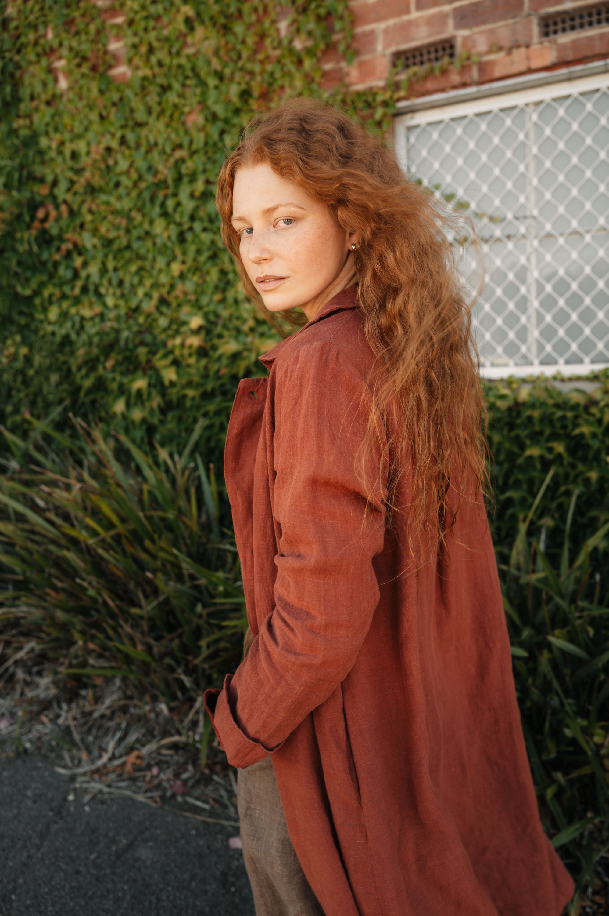Montaigne French Linen Button-Through Jacket - Peter Pan Collar Burnt Sienna