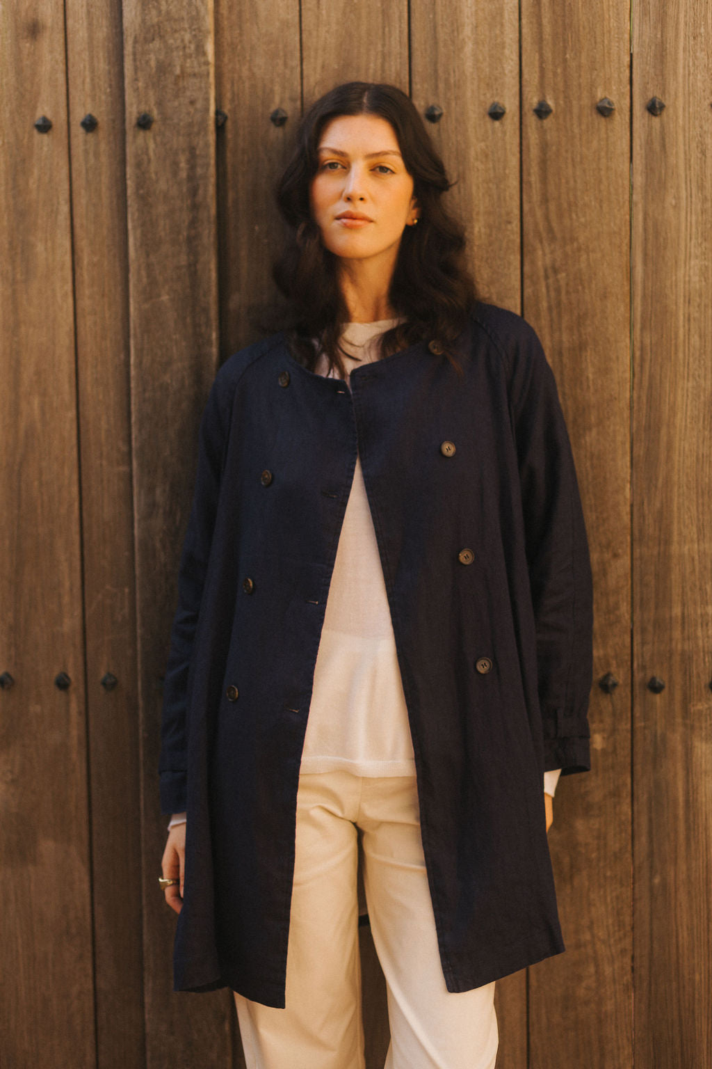 Montaigne French Linen Collarless Peacoat Navy10