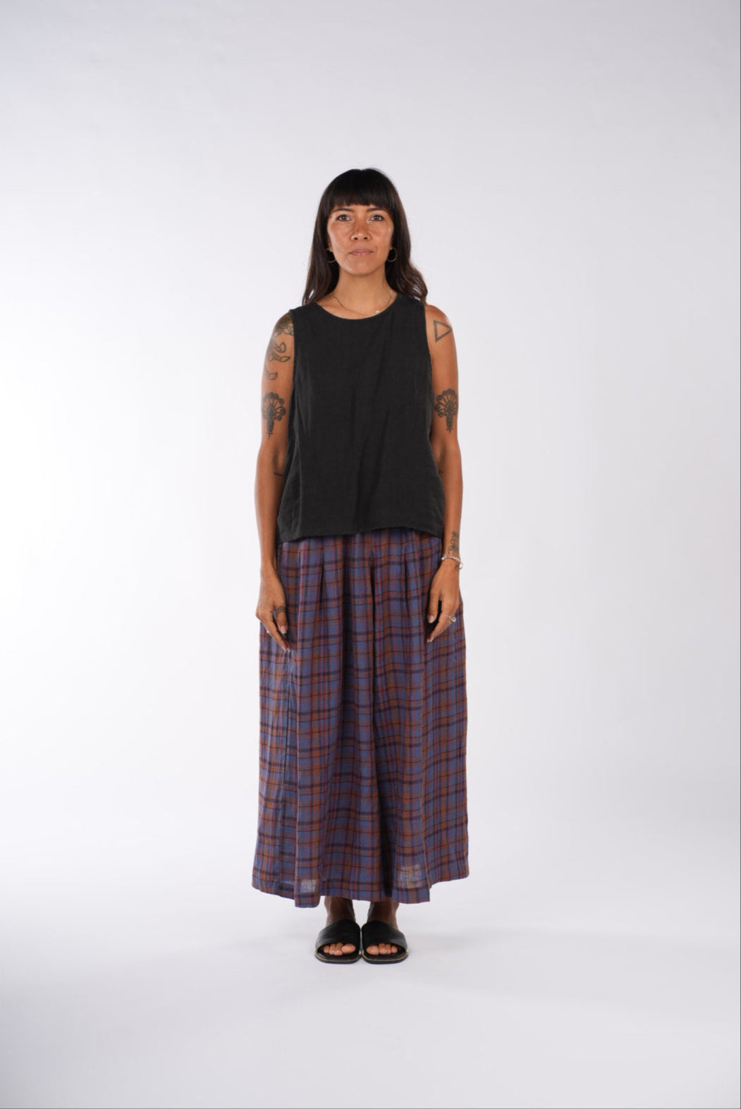 Montaigne French Linen Culottes In Check Blue/Brown