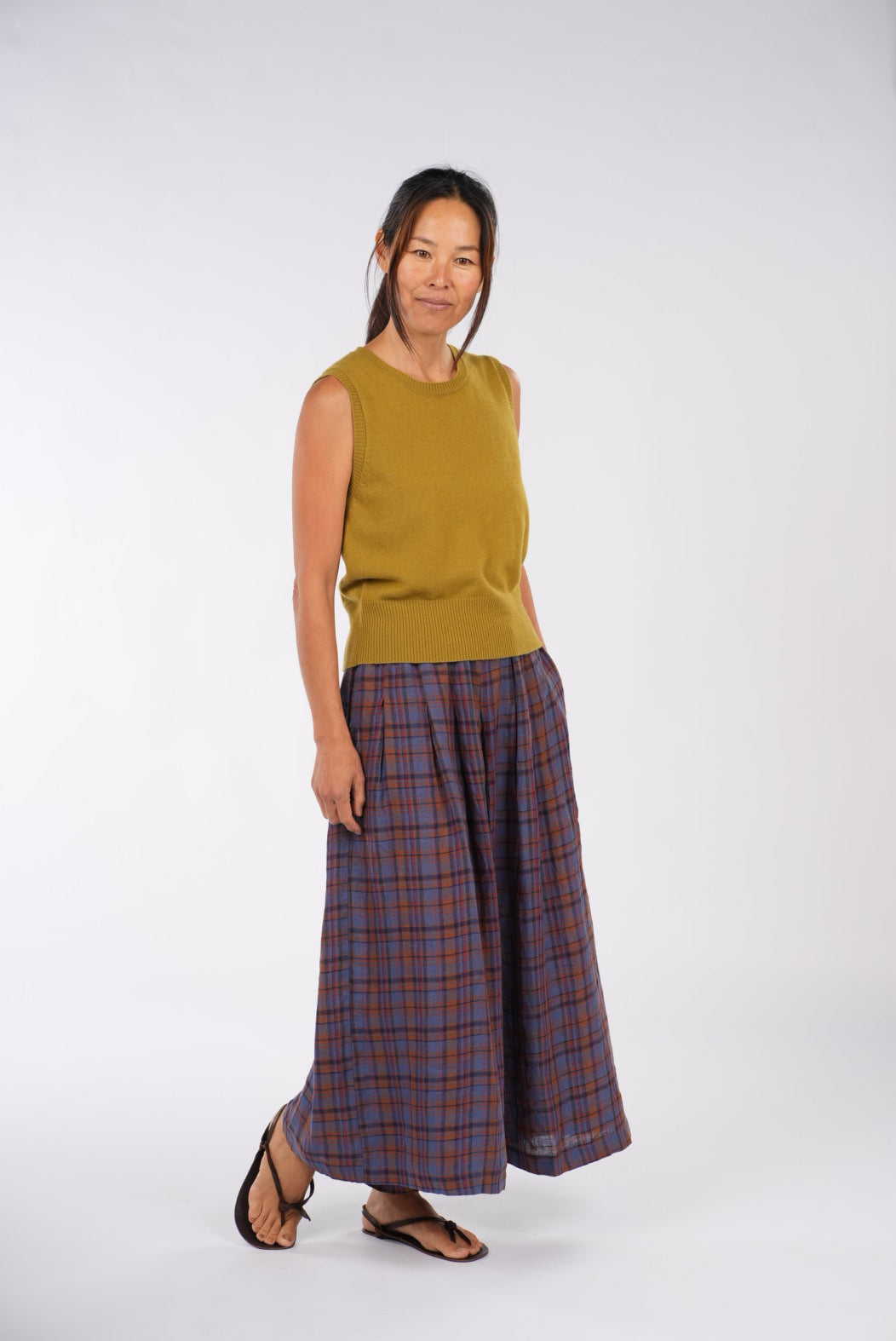Montaigne French Linen Culottes In Check Blue/Brown3