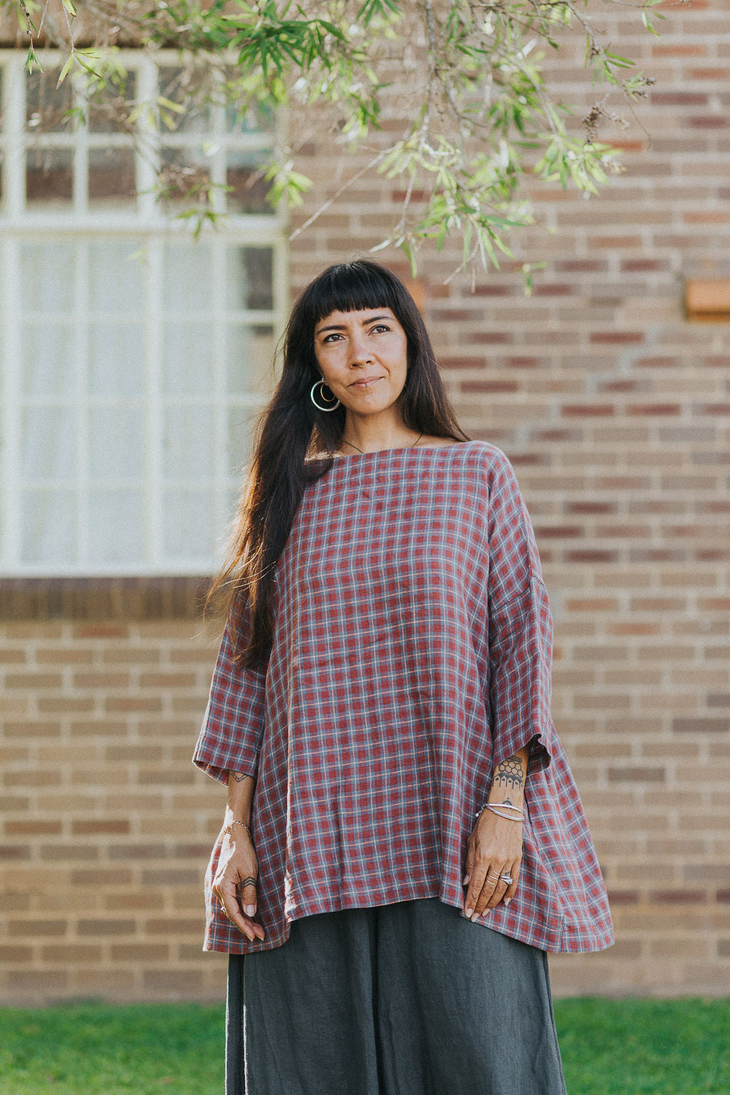 Montaigne French Linen Tunic Top In Check Red11