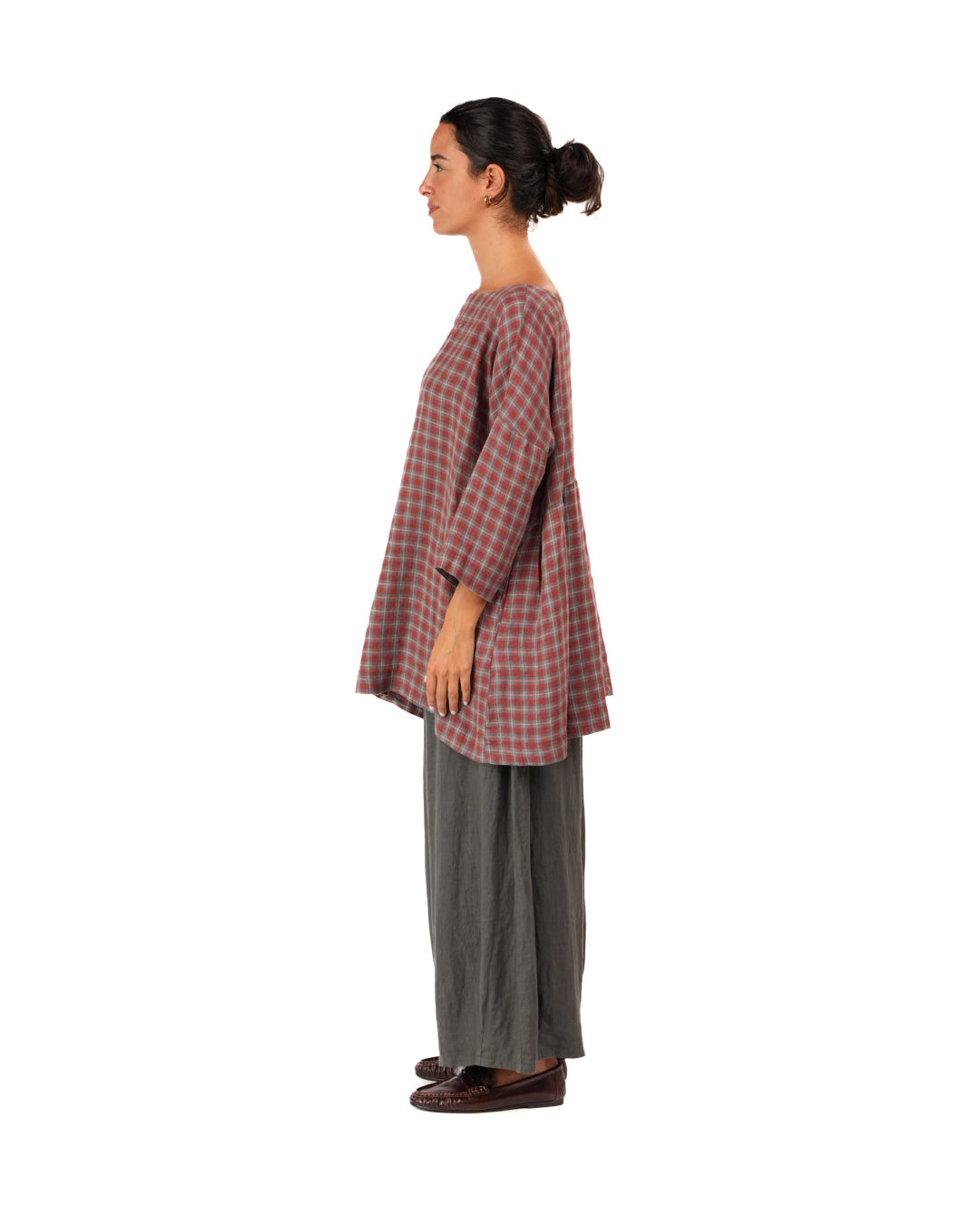 Montaigne French Linen Tunic Top In Check Red4