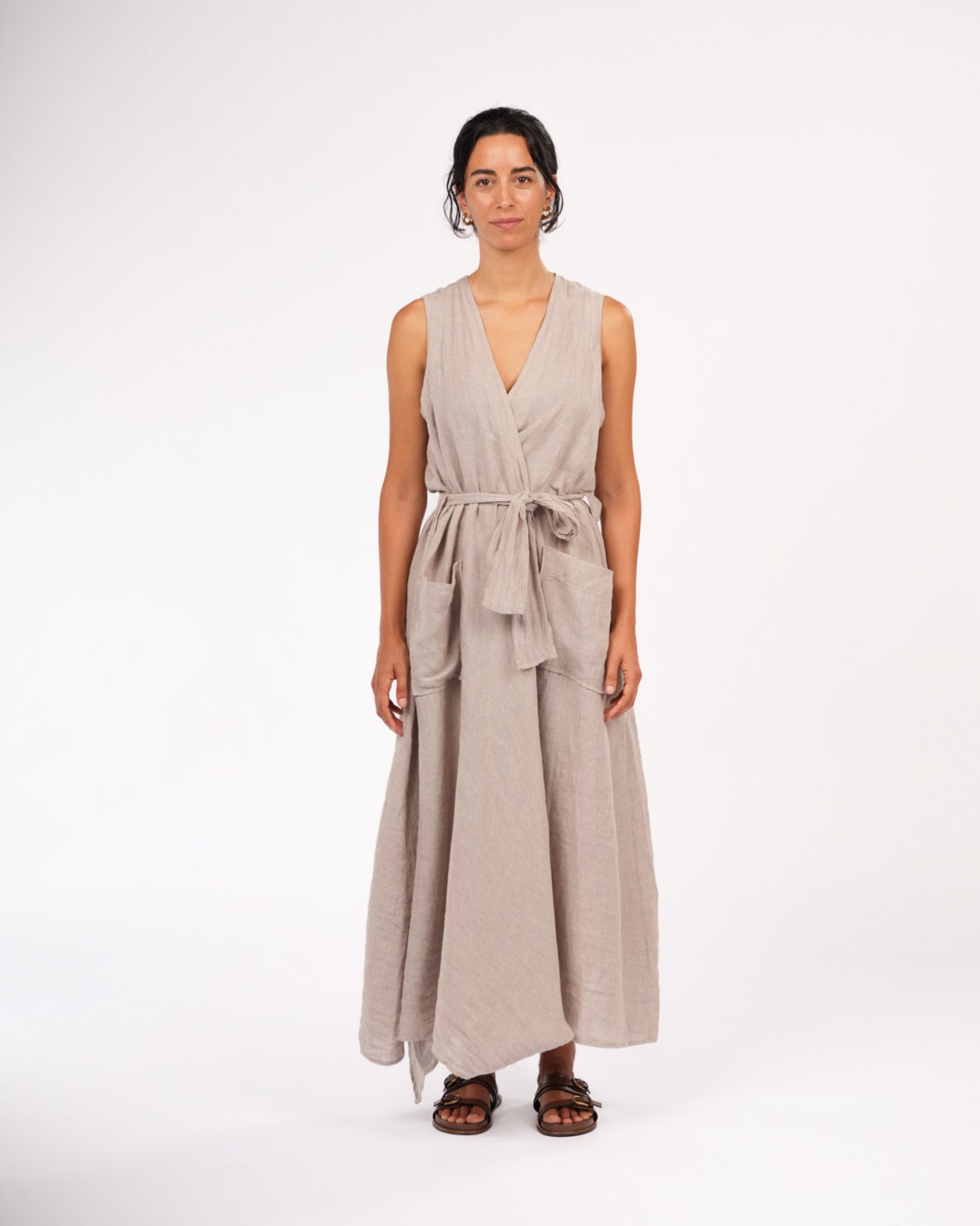 Montaigne Genevieve Wrap-Around French Linen Dress In Natural Houndstooth