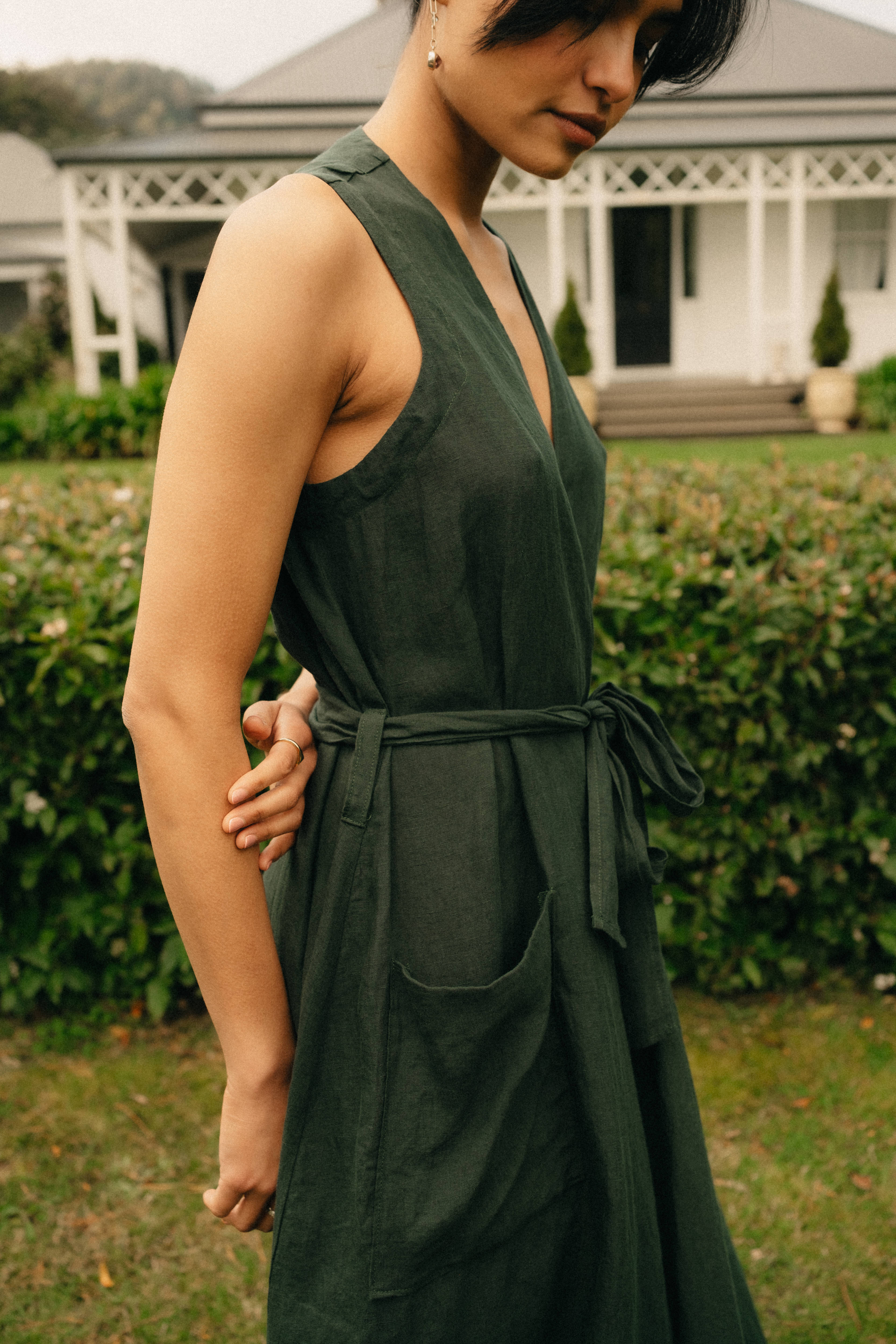 Montaigne Genevieve Wrap Around Linen Dress With Deep Front Pockets Teal