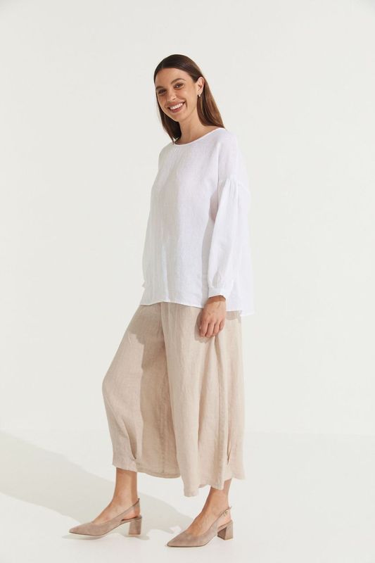 Montaigne Gina Linen Long Sleeve Top White1