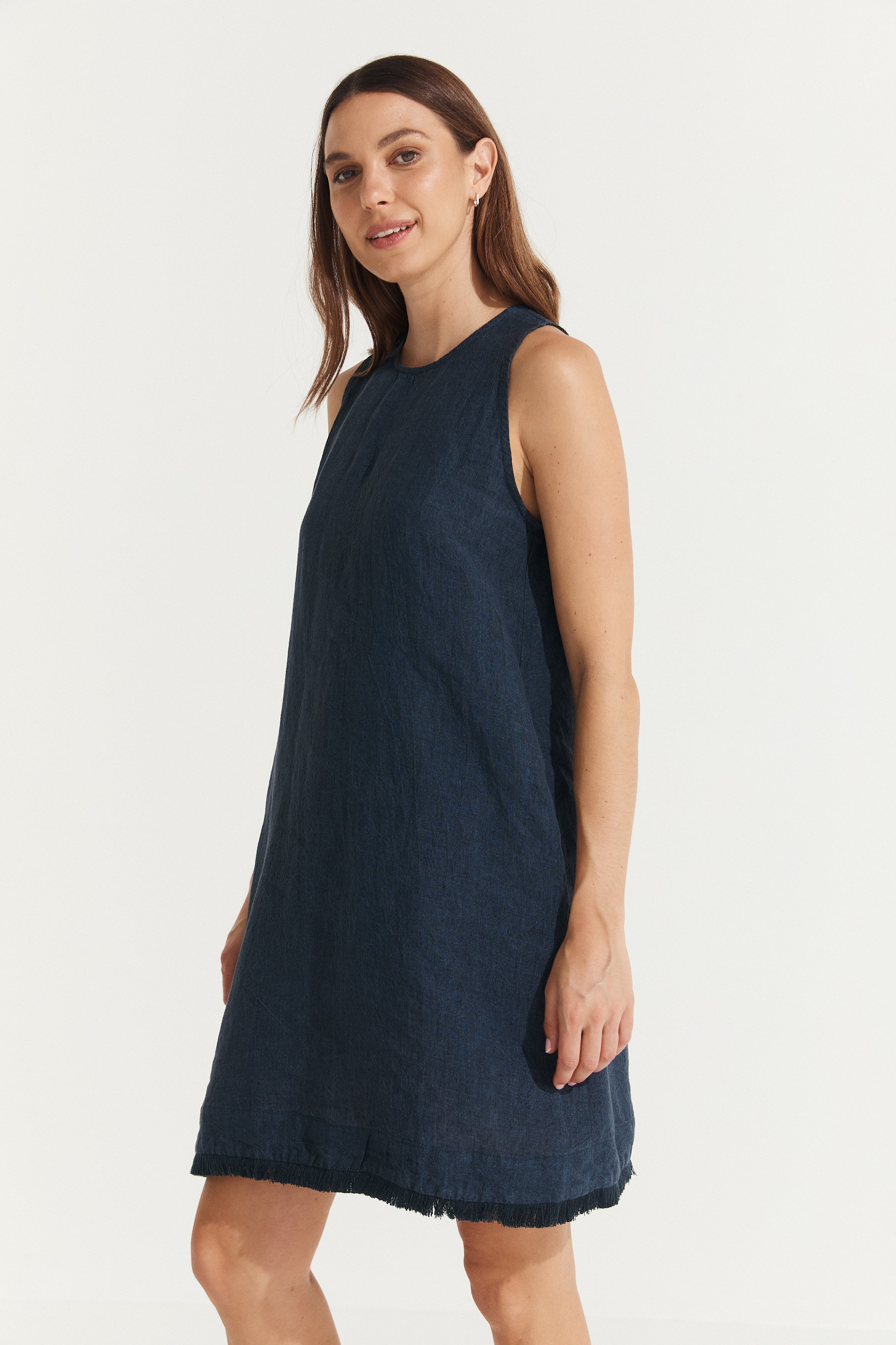 Montaigne Grace Linen Shift Dress with Raw Seam Navy