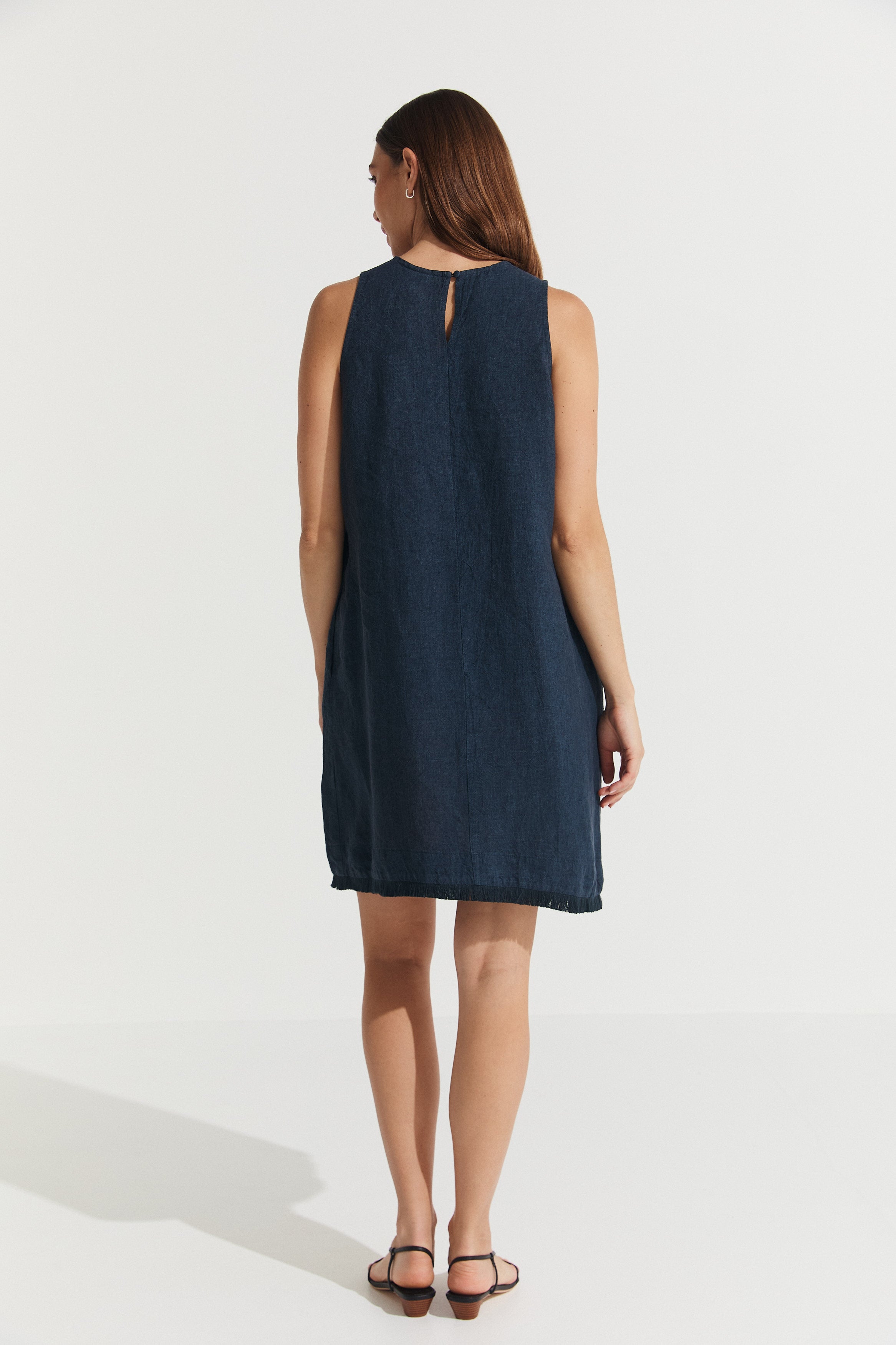 Montaigne Grace Linen Shift Dress with Raw Seam Navy3