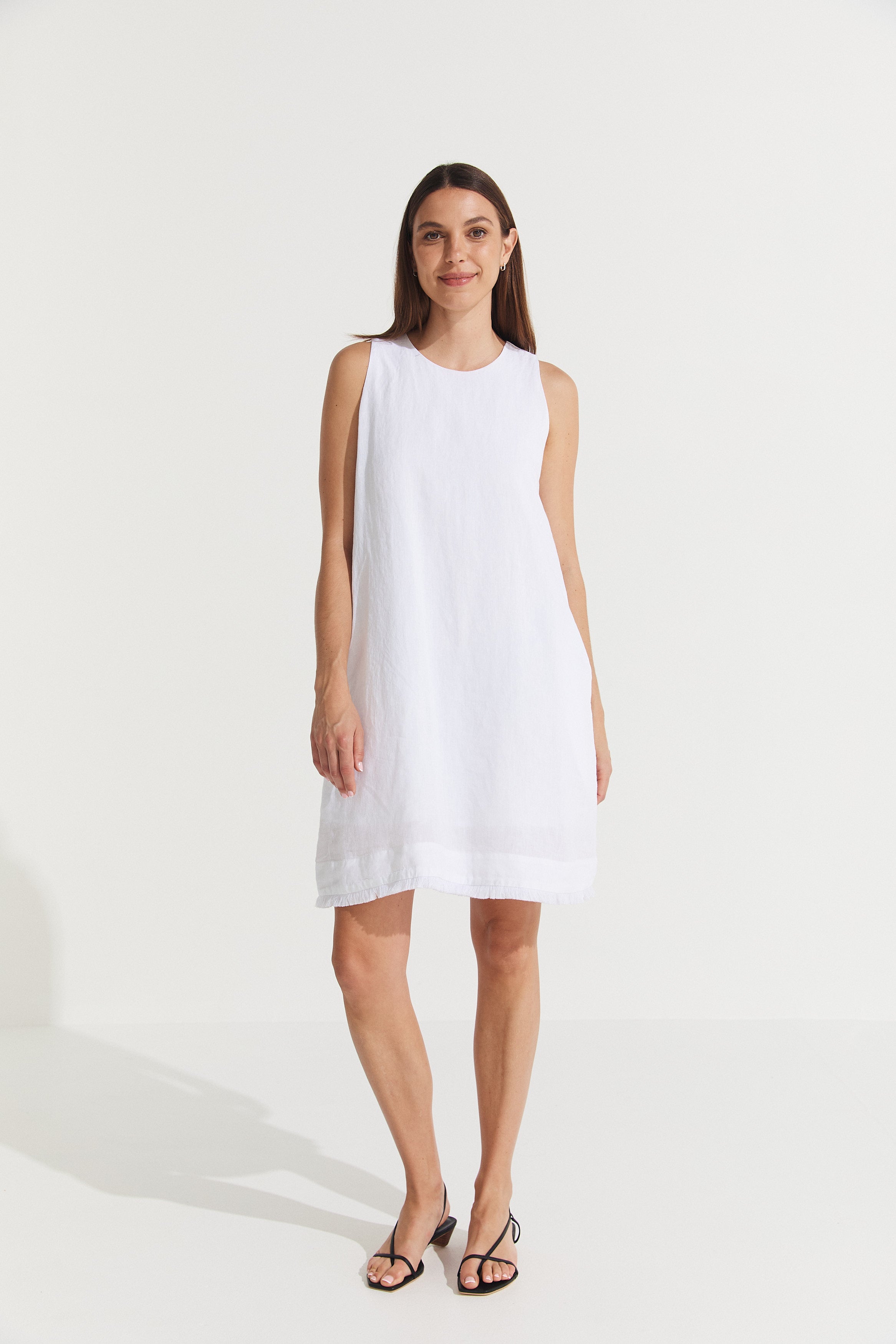 Montaigne Grace Linen Shift Dress with Raw Seam White