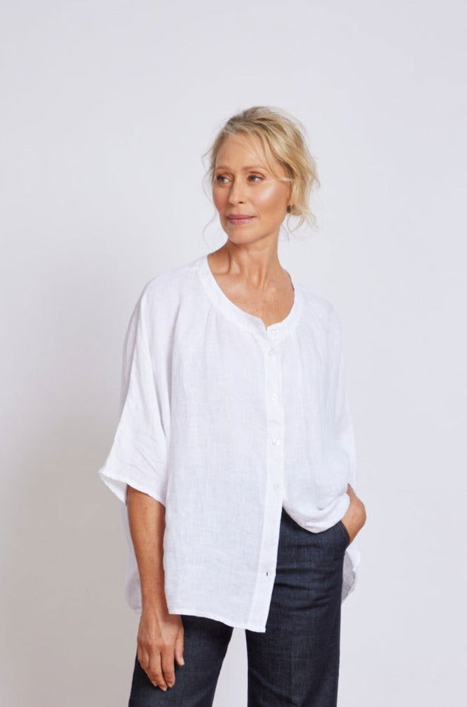 Montaigne Hepburn Linen Button Up Top White