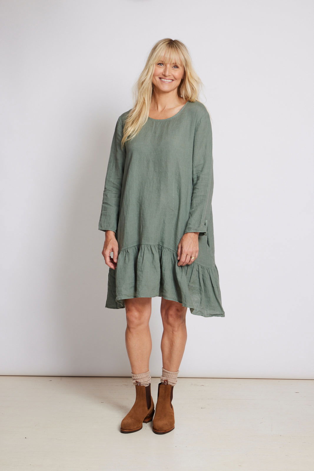 Montaigne Jean Long Sleeve Dress with Tie Up Back Khaki