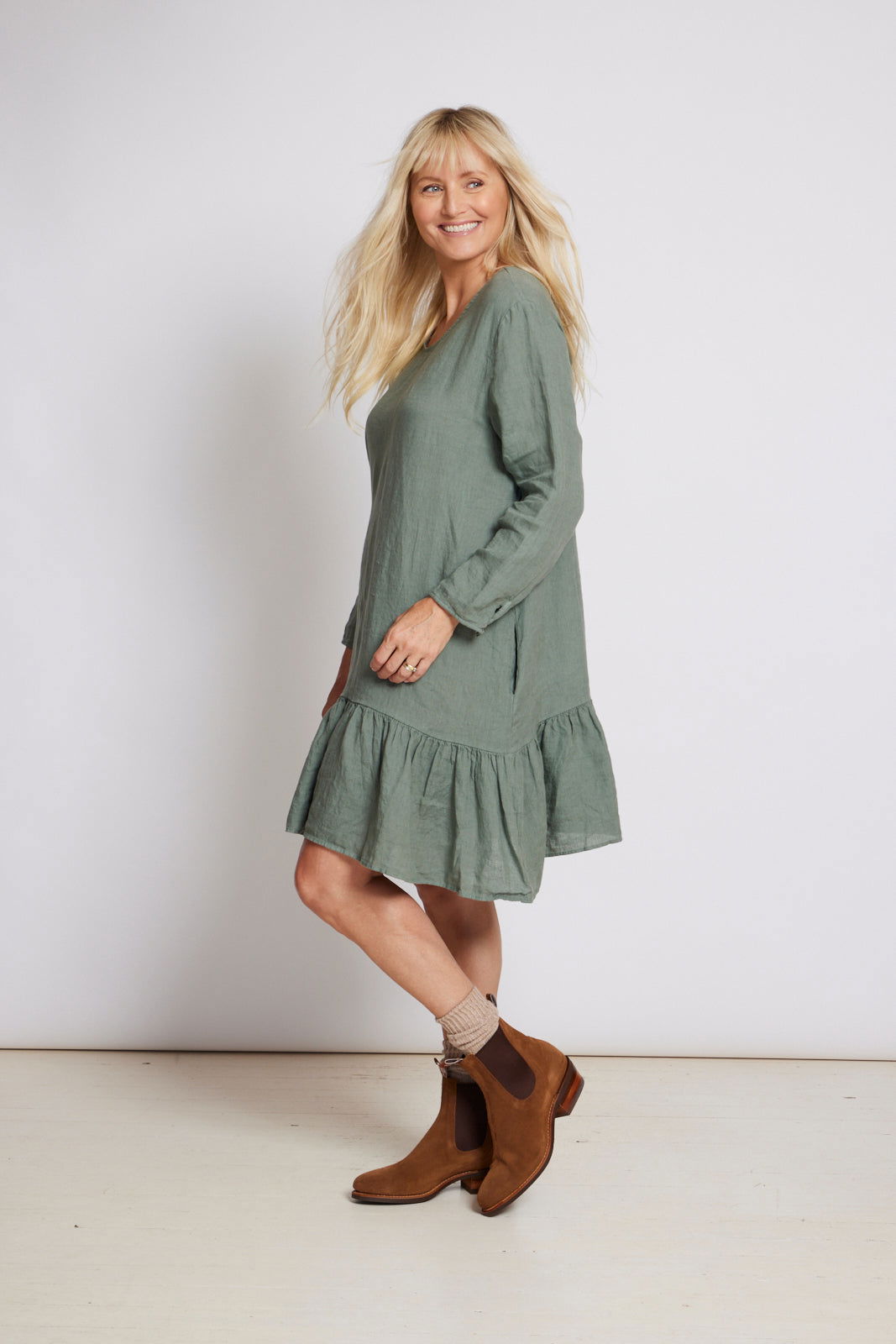 Montaigne Jean Long Sleeve Dress with Tie Up Back Khaki2