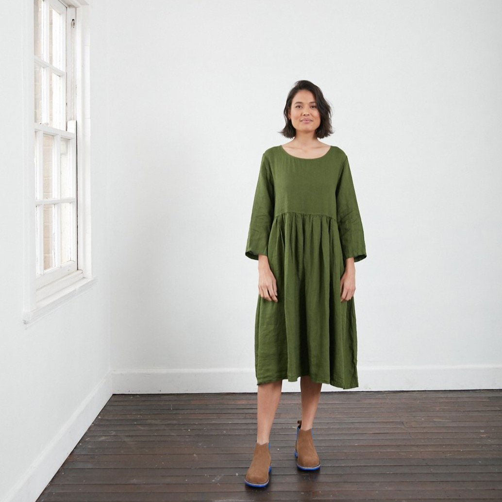 Montaigne Journee Baggy Linen Dress Forest Green