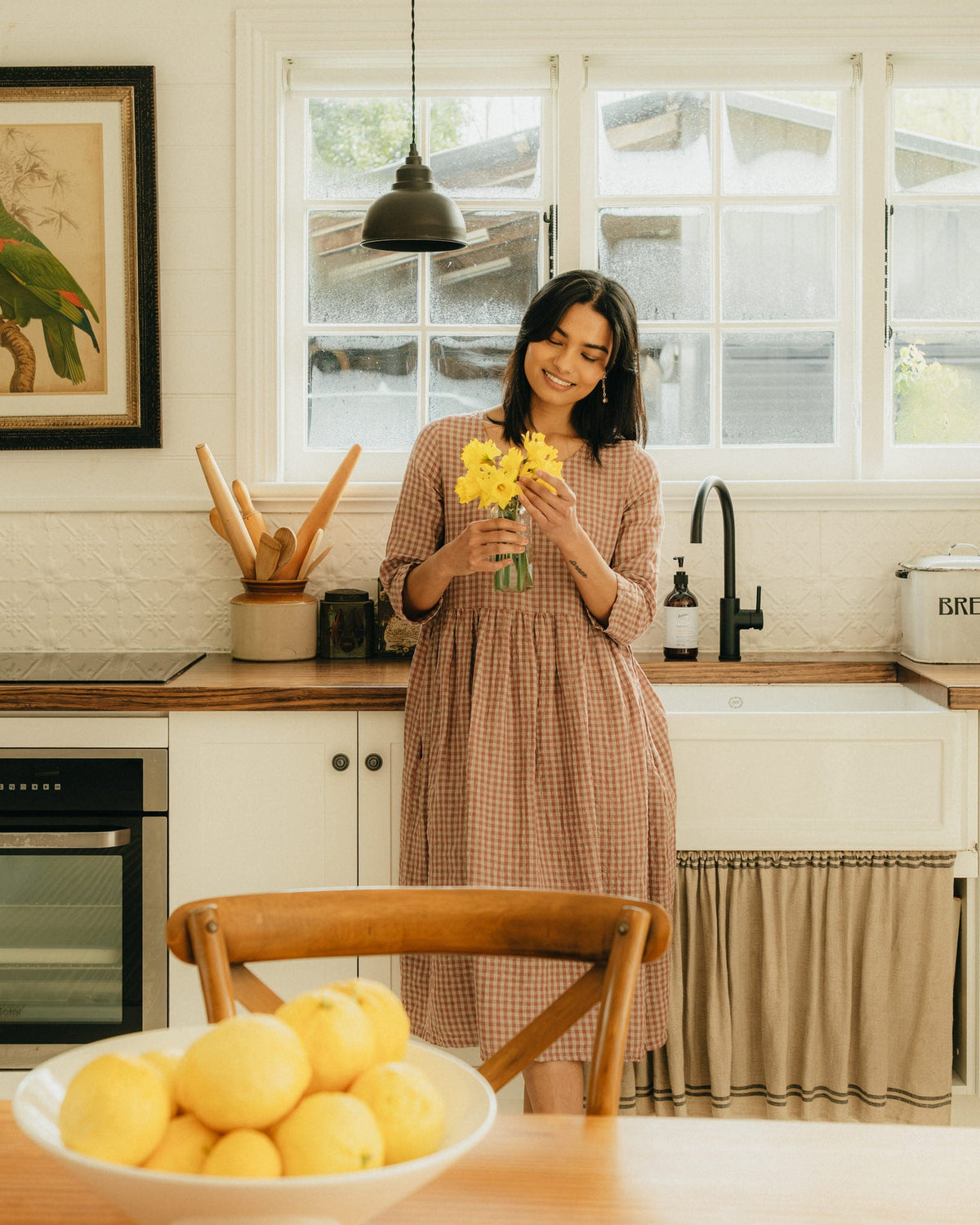Montaigne Journee French Linen Dress in Antique Rose Gingham5