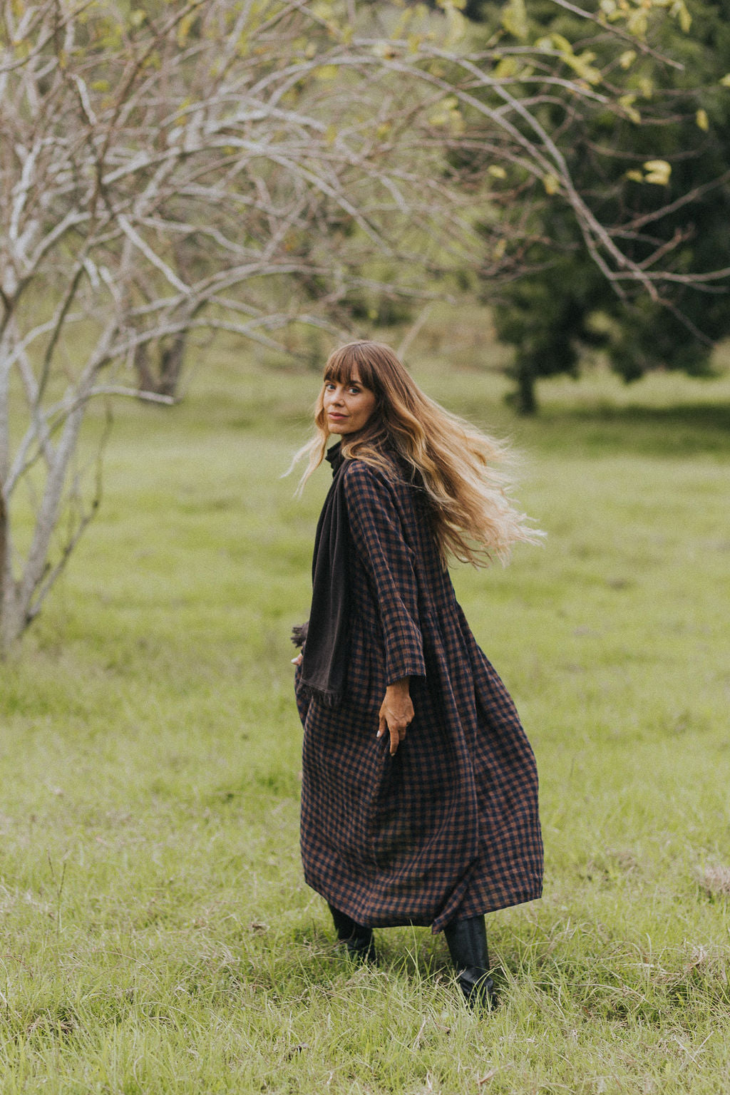 Montaigne Journee French Linen Dress In Blue Brown Check9