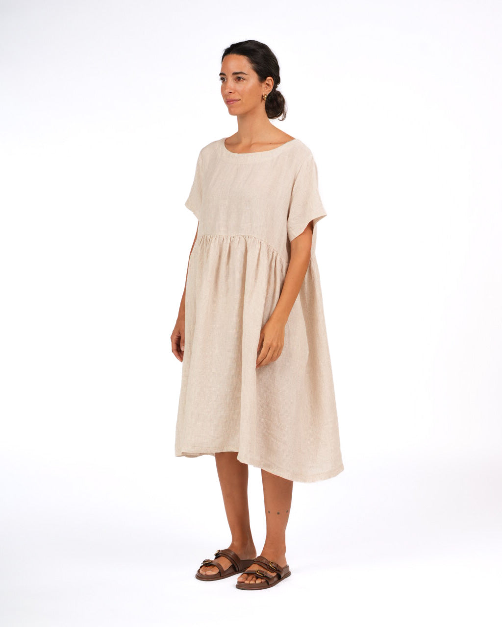 Montaigne Juni French Linen Summer Staple Dress in Houndstooth Cream Natural