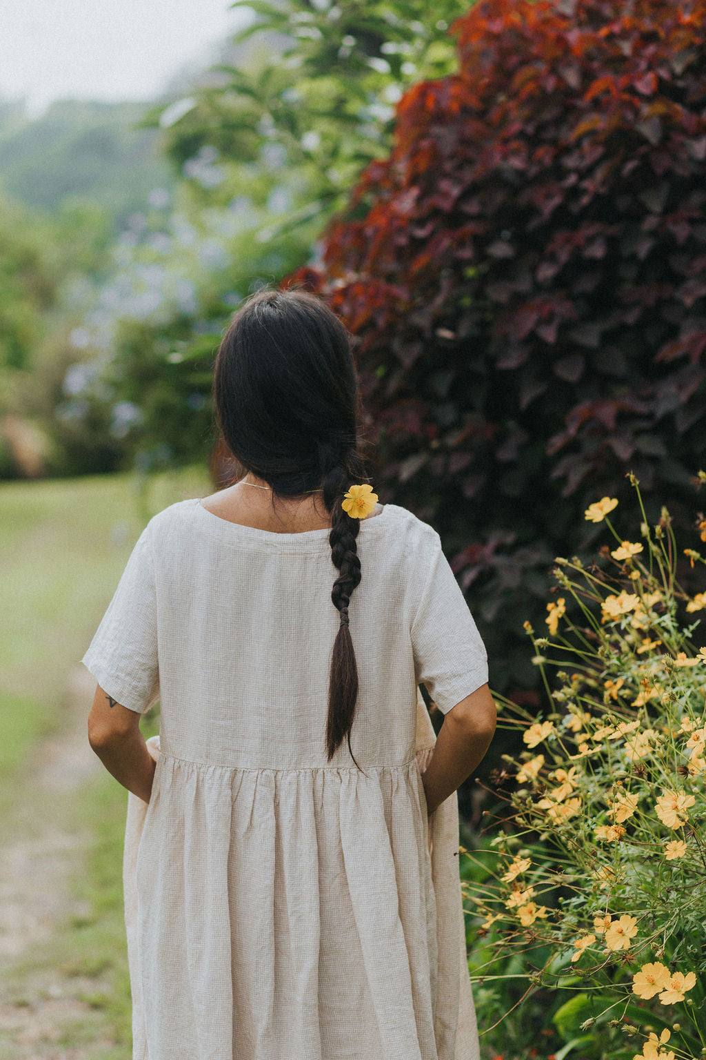 Montaigne Juni French Linen Summer Staple Dress in Houndstooth Cream Natural