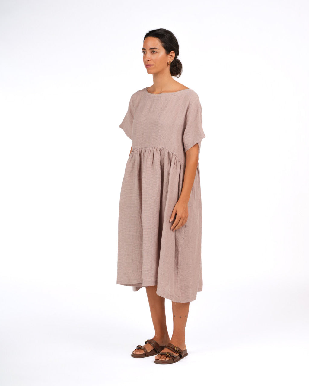 Montaigne Juni French Linen Summer Staple Dress in Houndstooth Lilac