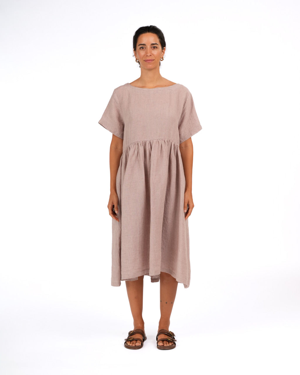 Montaigne Juni French Linen Summer Staple Dress in Houndstooth Lilac1