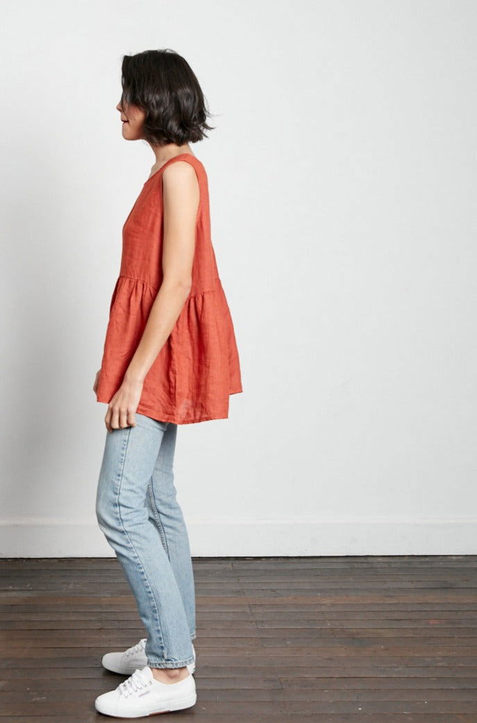 Montaigne Linen Singlet Top with Buttons Down the Back Rust2