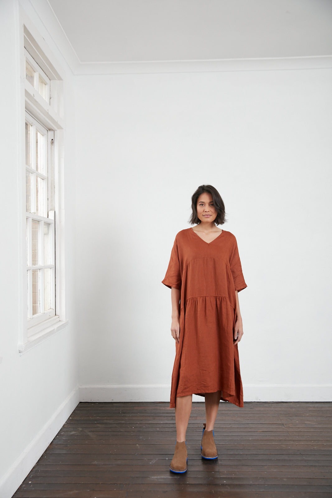 Montaigne Louloute Linen Smock Dress with Pockets Rust