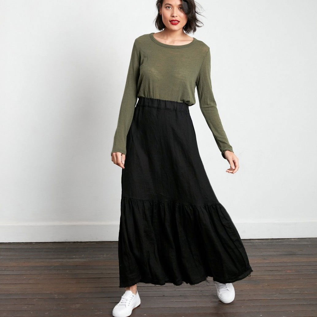 Montaigne Maxi Skirt with Frayed Hem Black
