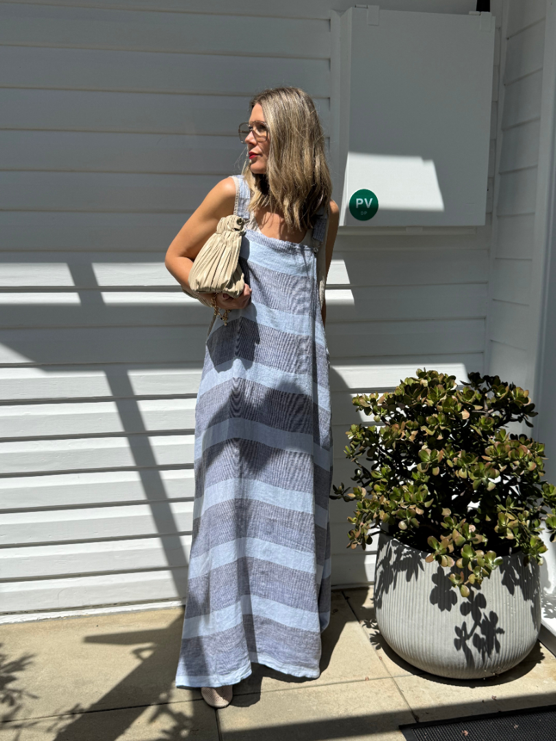 Montaigne Overall-Style Maxi Linen Dress In Blue Stripe2
