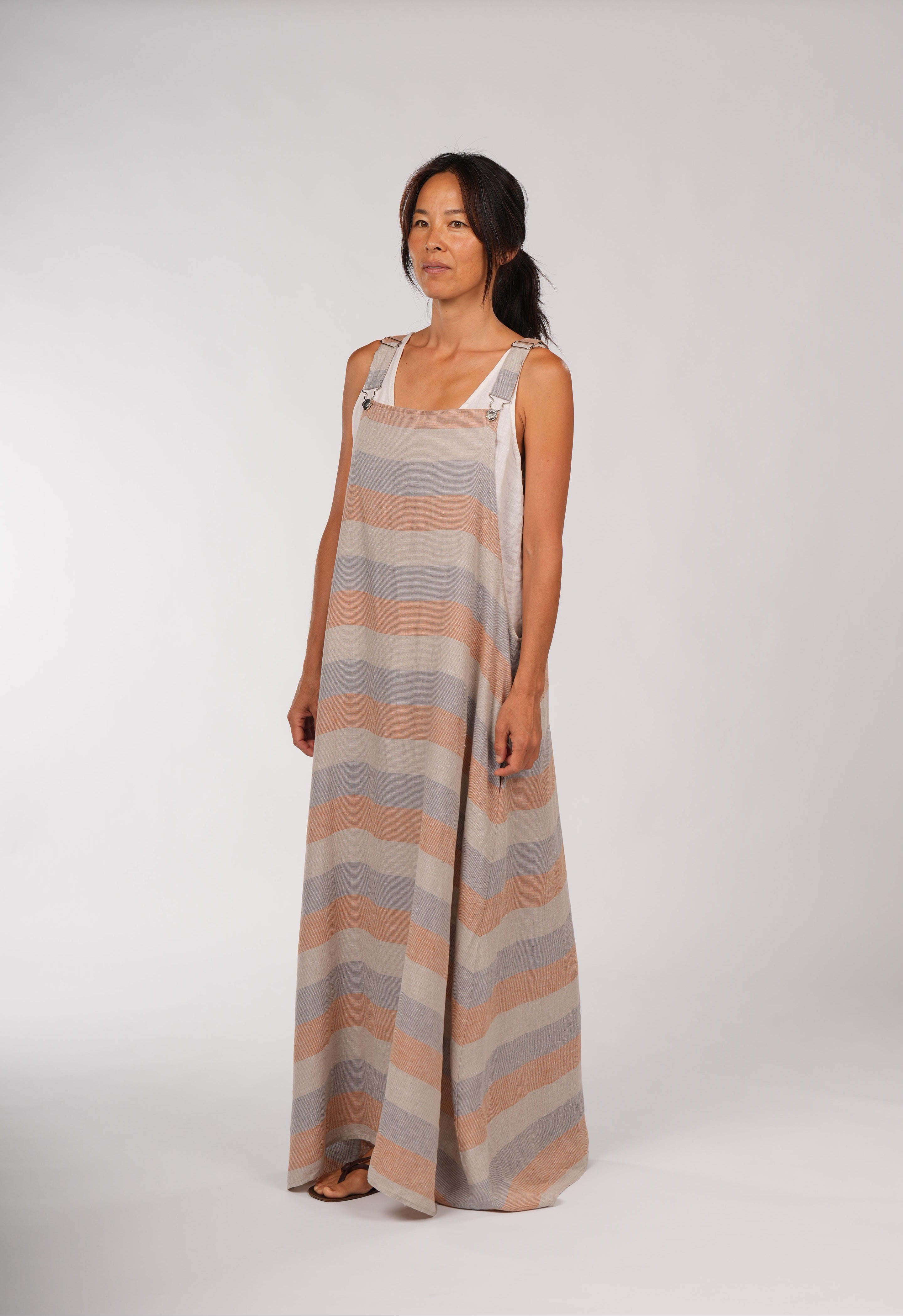 Montaigne Overall-Style Maxi Linen Dress in Stripe Orange1