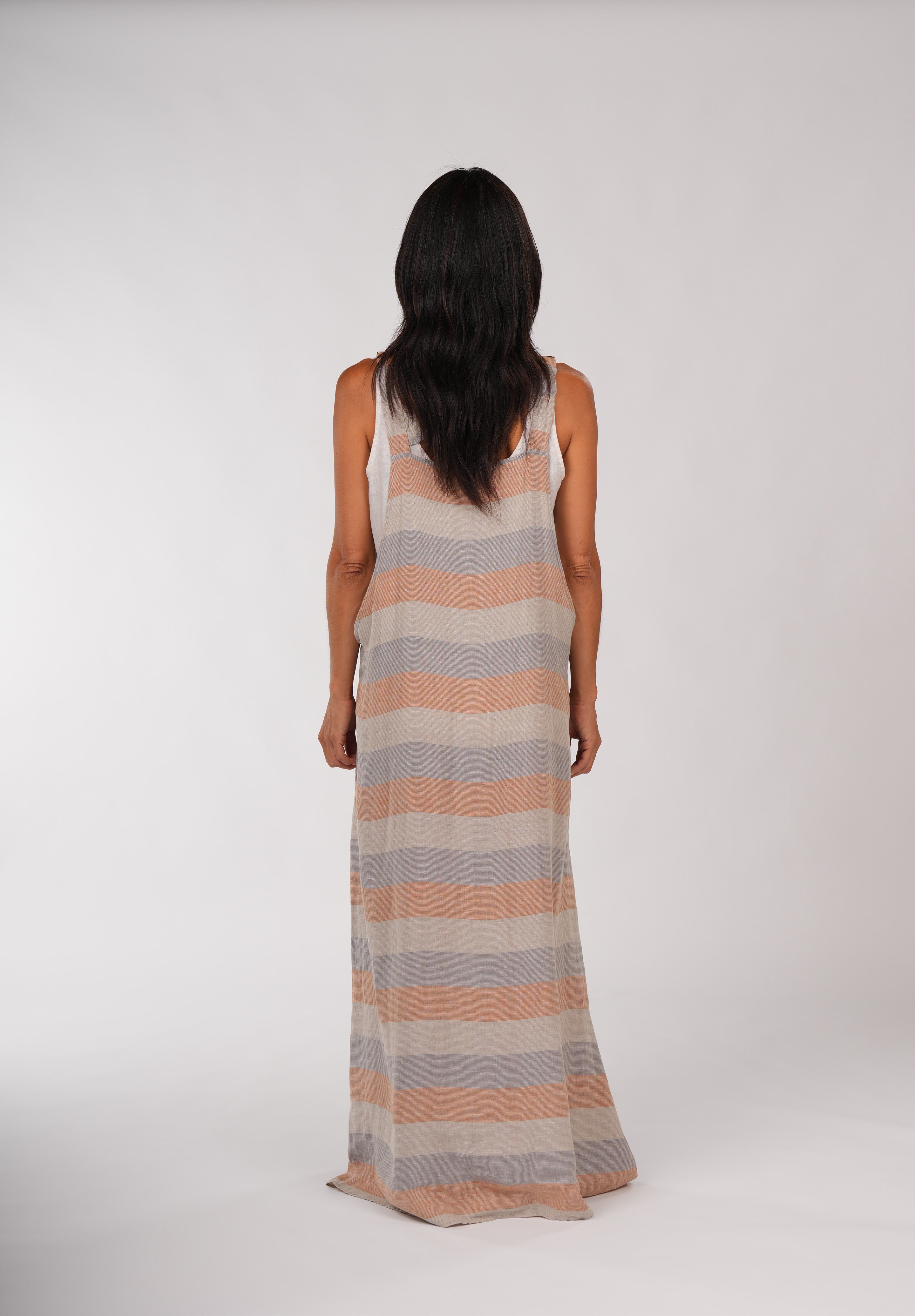 Montaigne Overall-Style Maxi Linen Dress in Stripe Orange3
