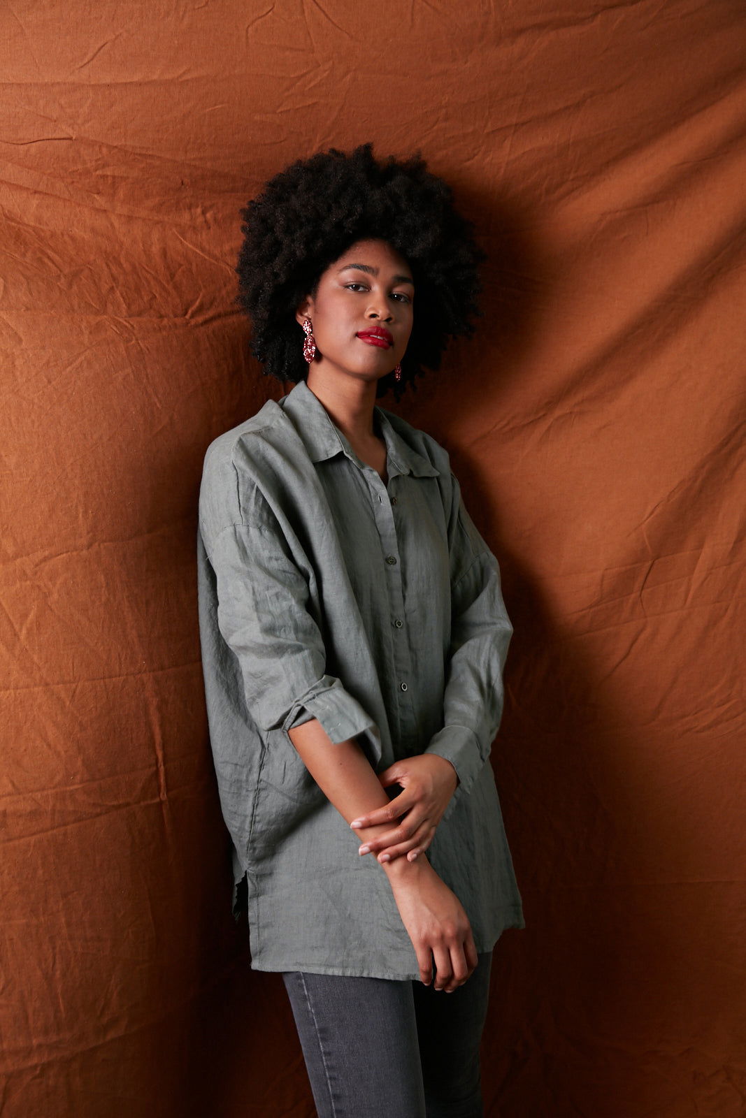 Montaigne Oversized Linen Boyfriend Shirt Khaki