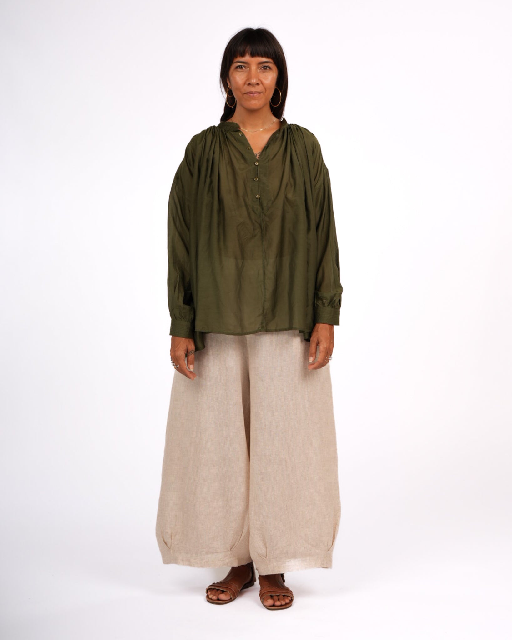 Montaigne Palma Cotton Silk Long Sleeve Blouse Green