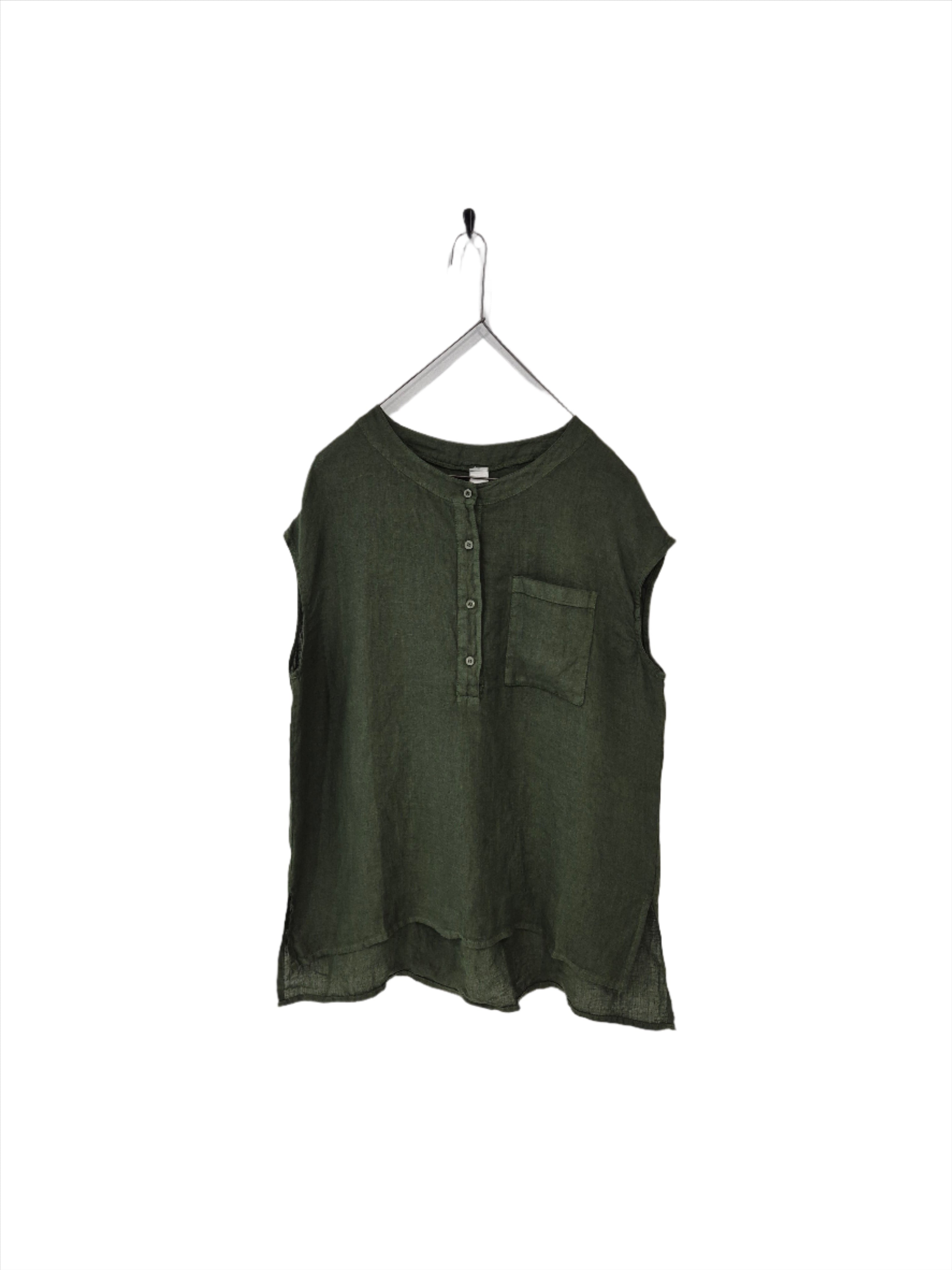 Montaigne Perla Linen Cap-Sleeve Top Forest Green