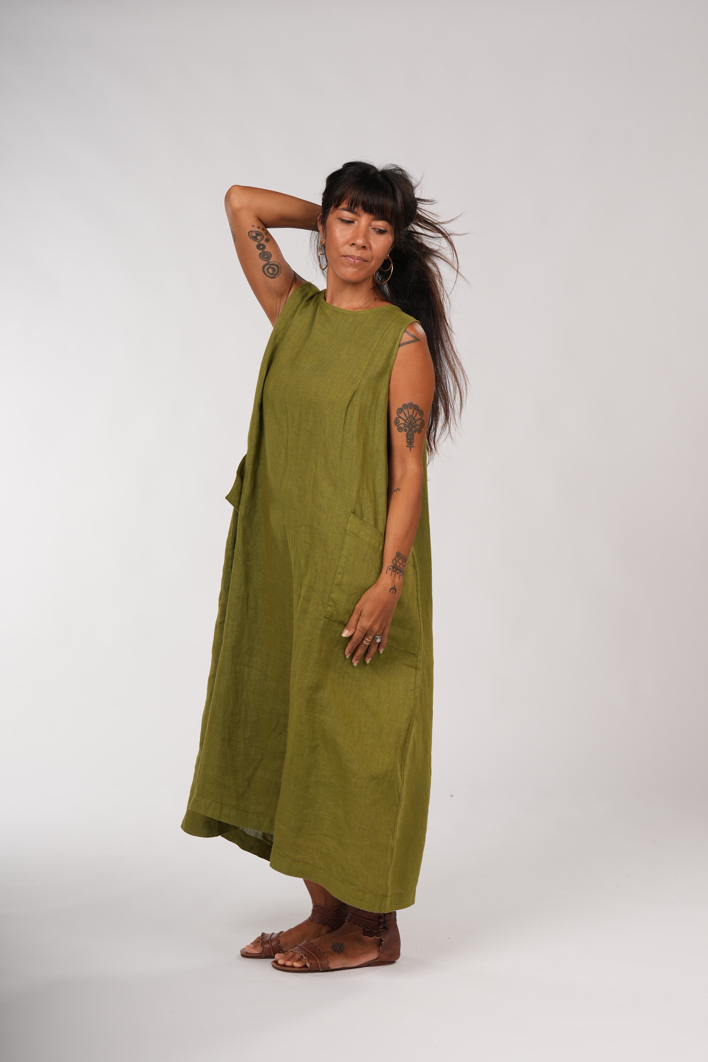 Montaigne Remy Linen Dress with Deep Front Pockets Acid Green1