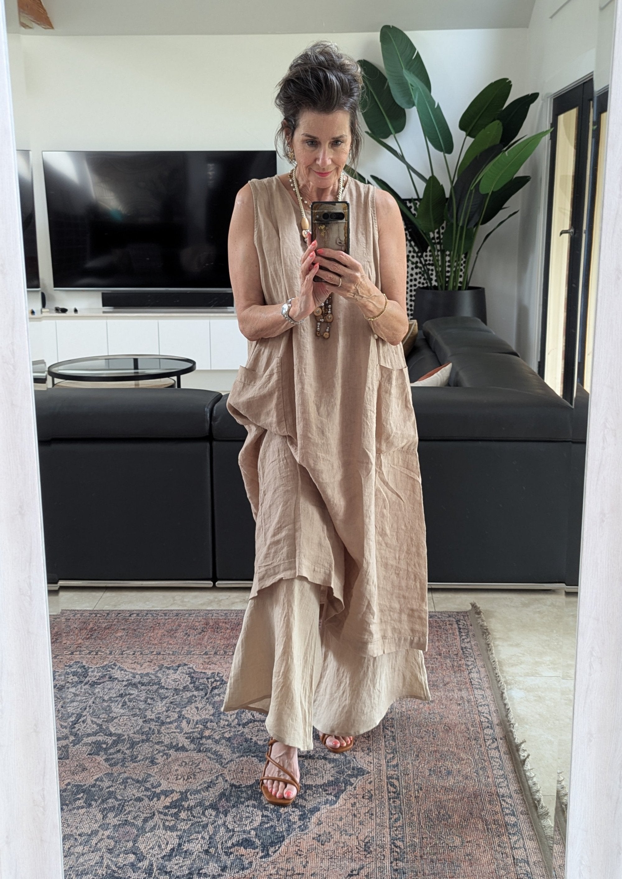 Montaigne Remy Linen Dress with Deep Front Pockets Ocre