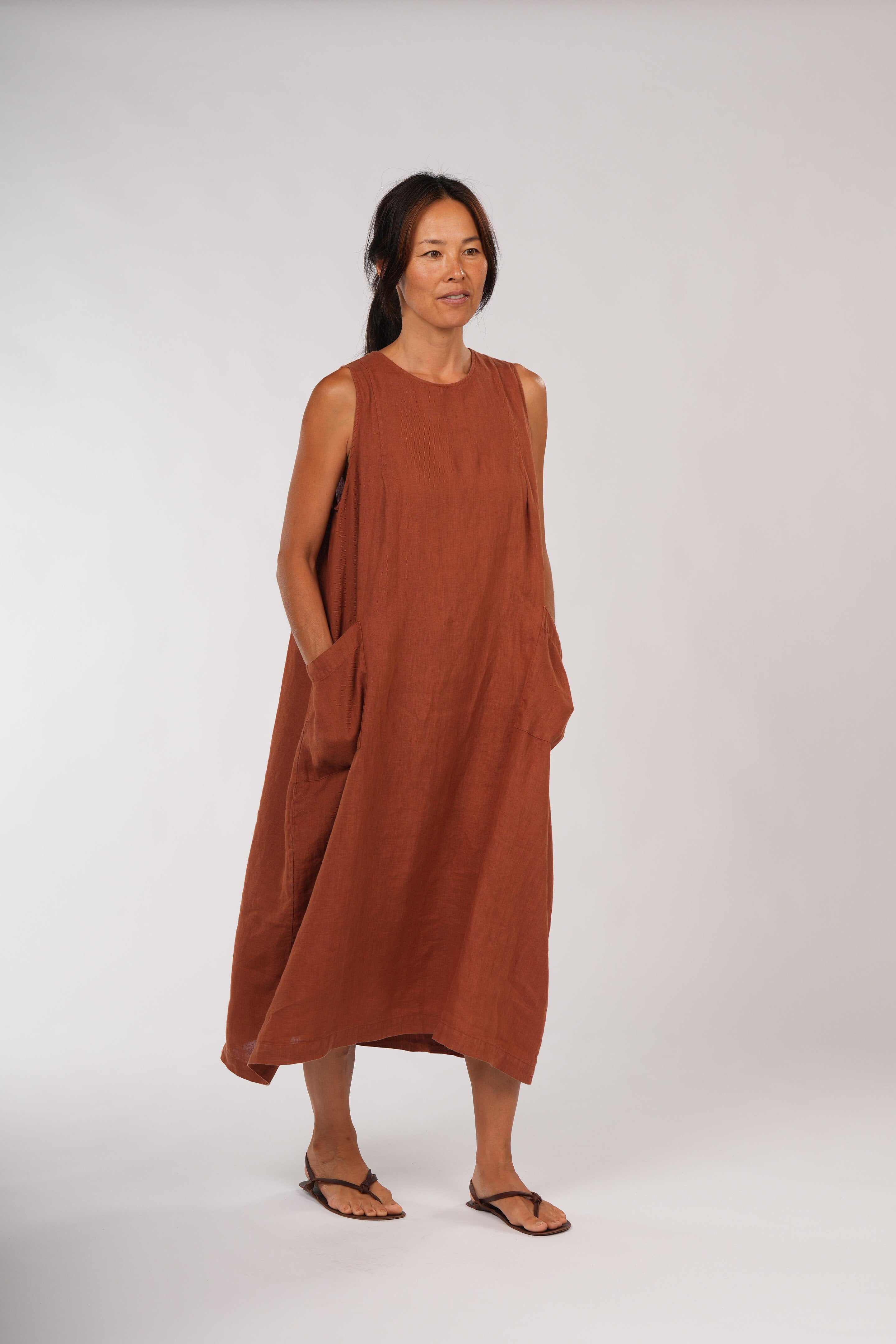 Montaigne Remy Linen Dress with Deep Front Pockets Rust1