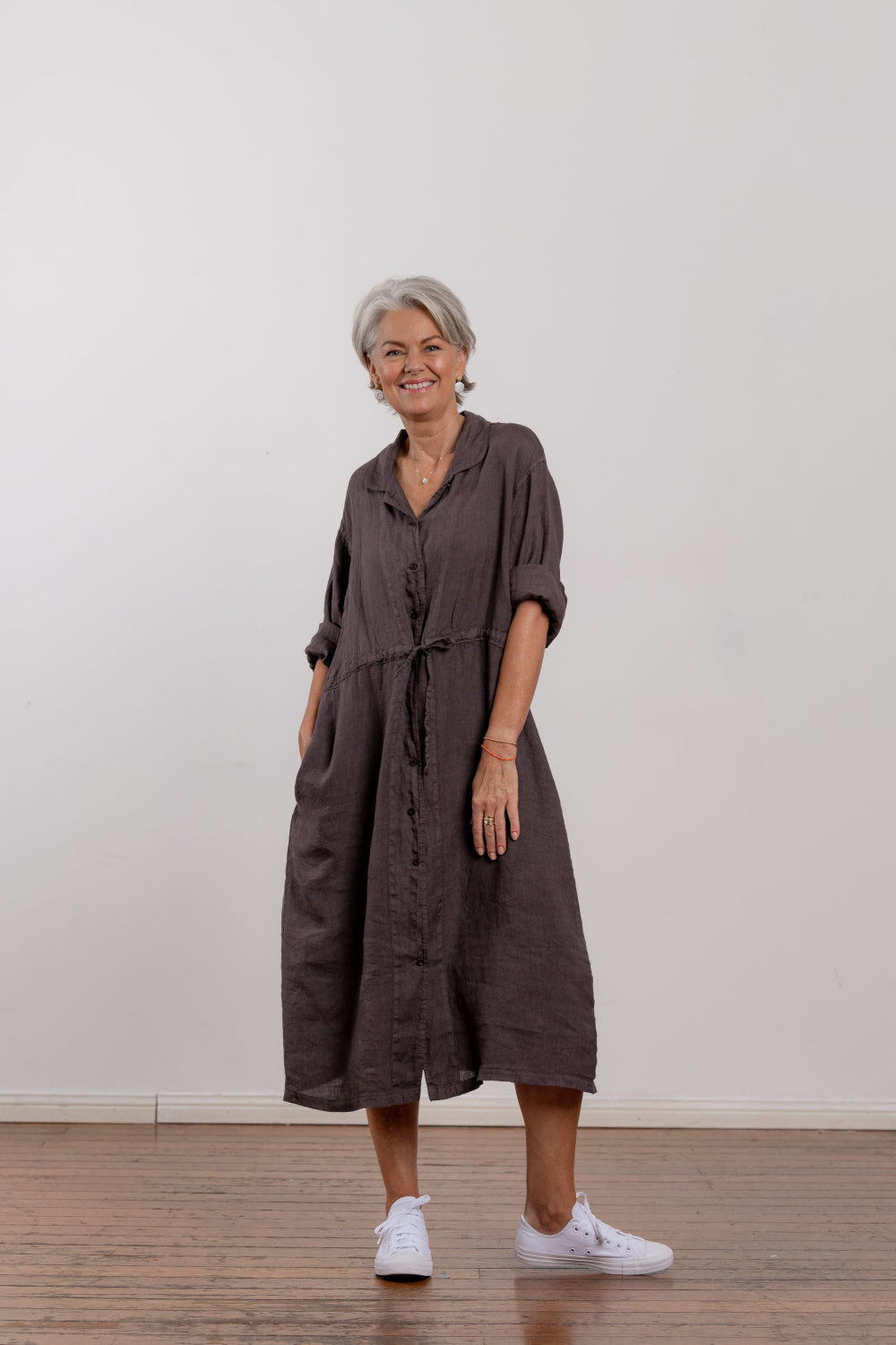 Montaigne Rodin Linen Drawstring Dress Rum Raisin