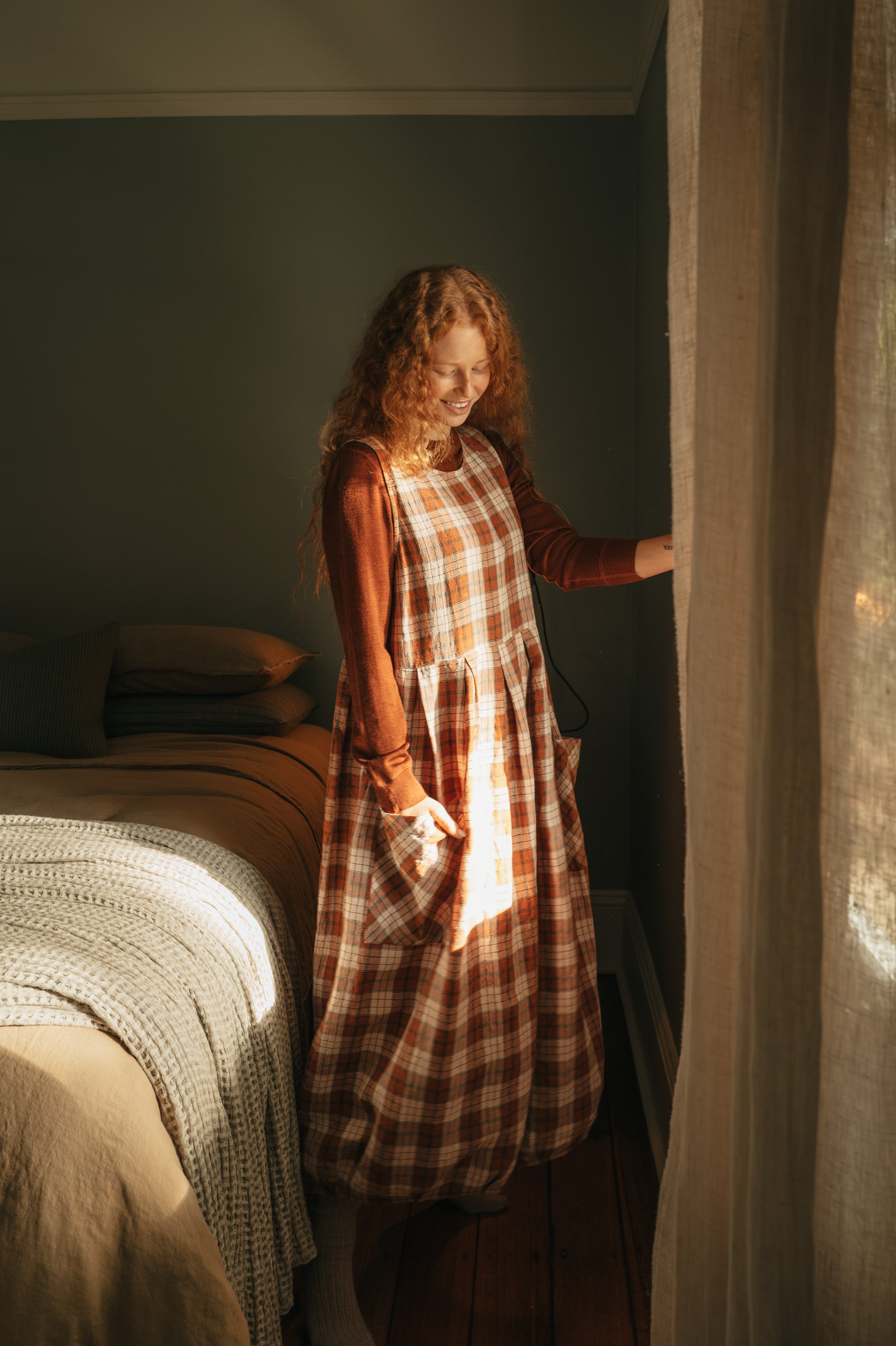 Montaigne Sartene French Linen Dress in Clay Check3