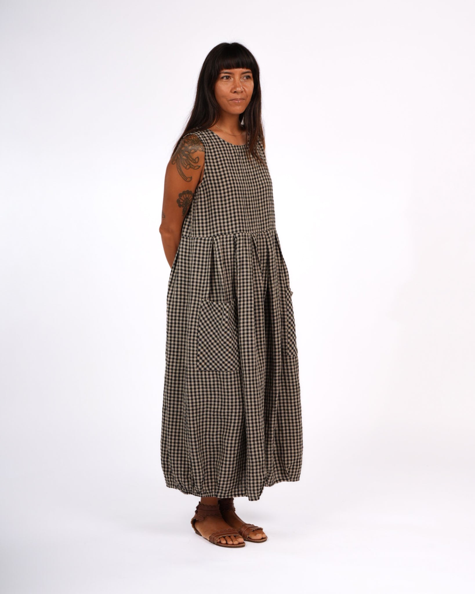 Montaigne Sartene French Linen Dress in Gingham Black1