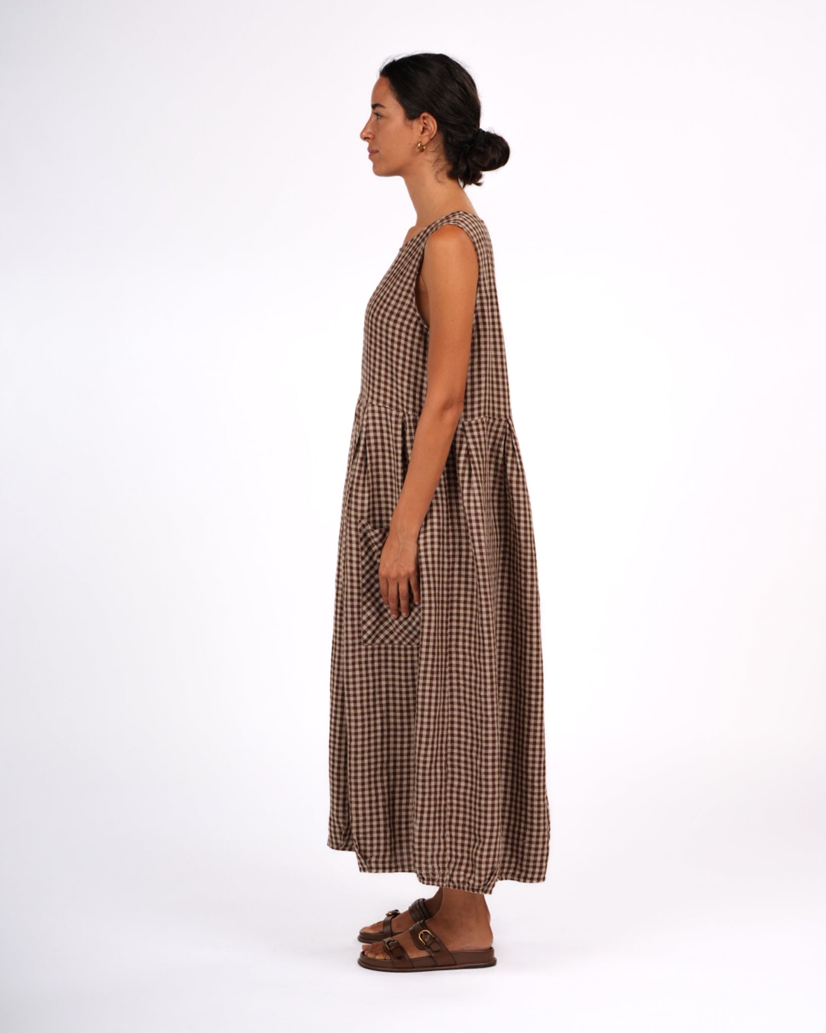 Montaigne Sartene French Linen Dress in Gingham Brown3