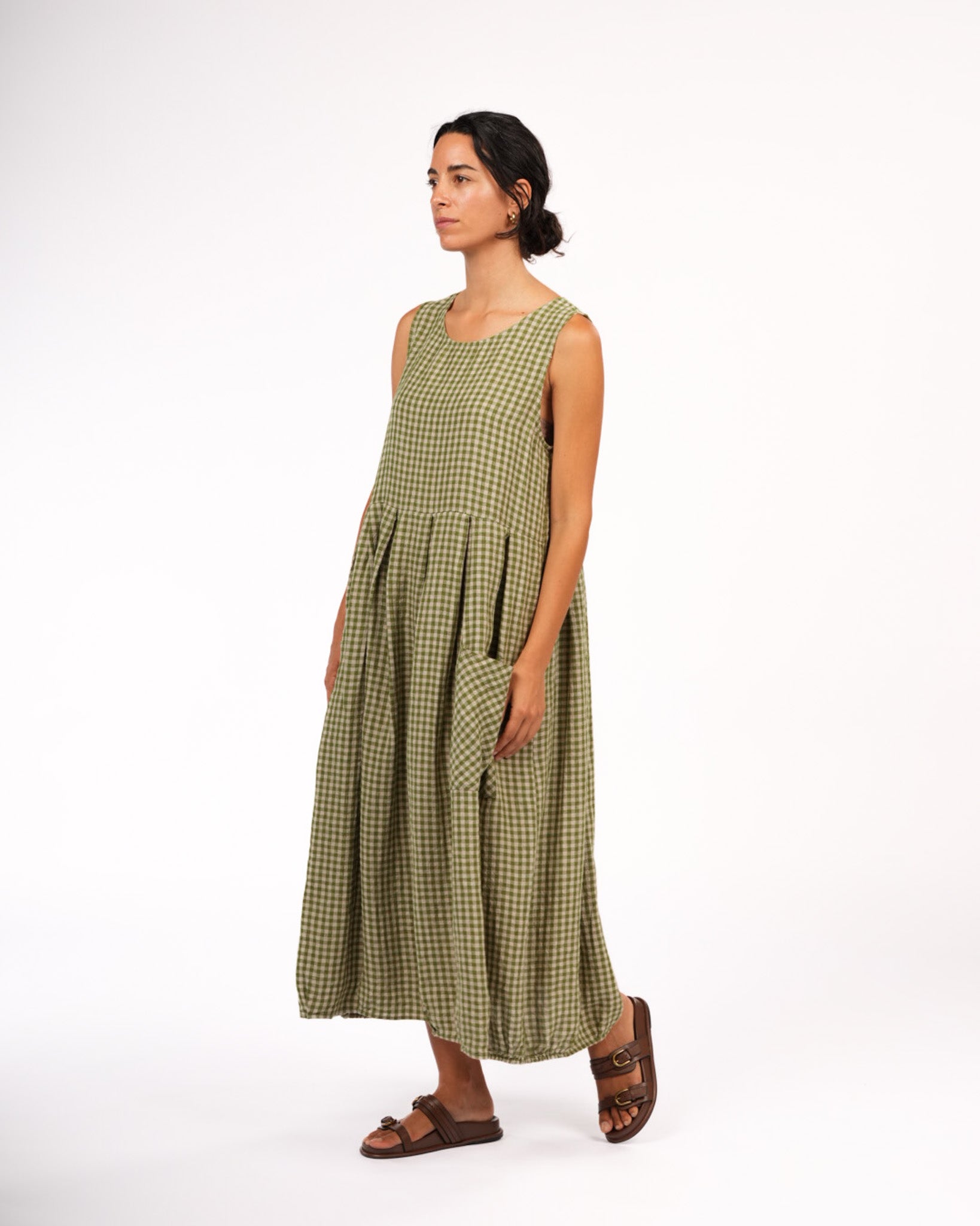 Montaigne Sartene French Linen Dress in Gingham Pistachio
